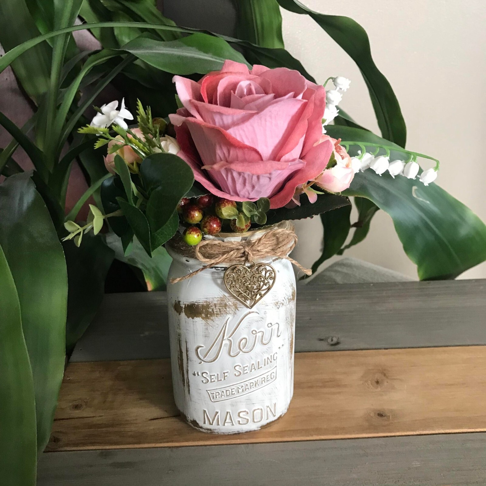 Handmade Pink Floral Arrangement in Distressed White and Metallic Gold Jar