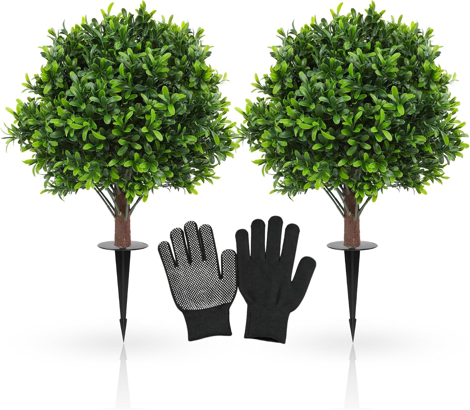 Set of 2 Artificial Boxwood Topiary Ball Trees with Ground Spike, 26 Inches UV