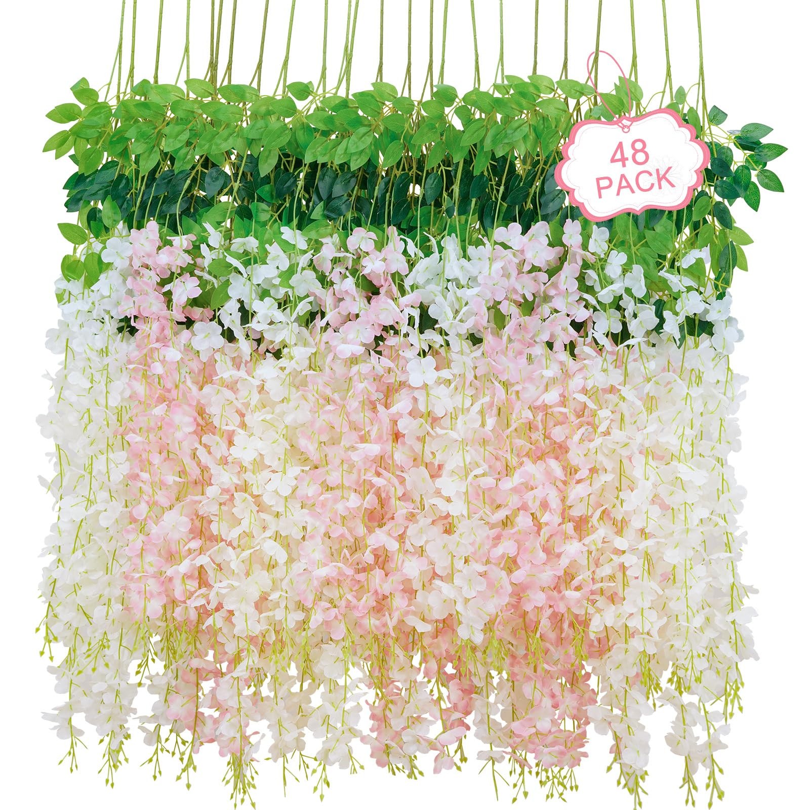 48Pcs Artificial Wisteria Hanging Flowers, 3.6Ft/Pcs White & Pink Fake Wister…