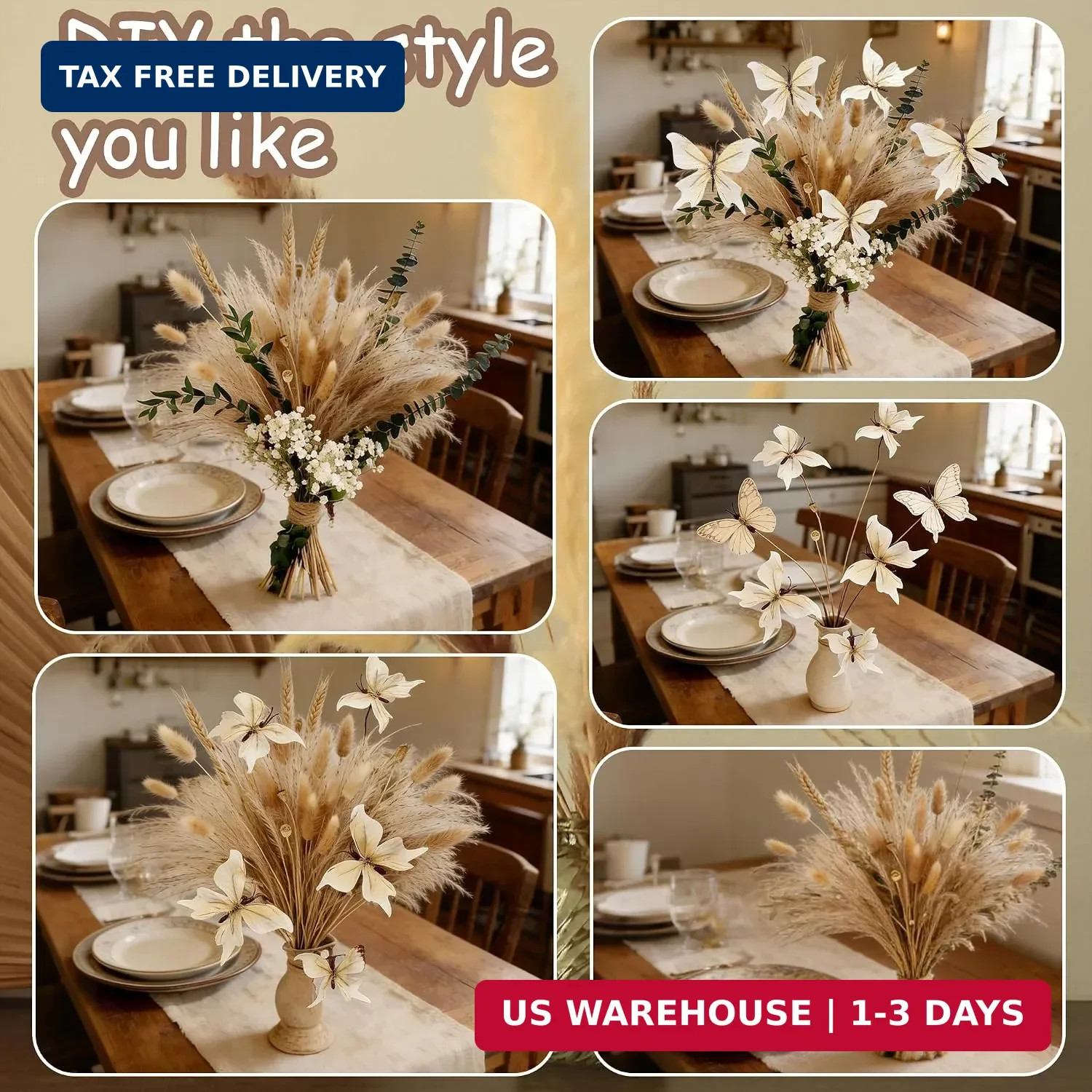 Pampas Grass Dried Flower Bouquet for Boho Home Decor | Eucalyptus, Butterflies