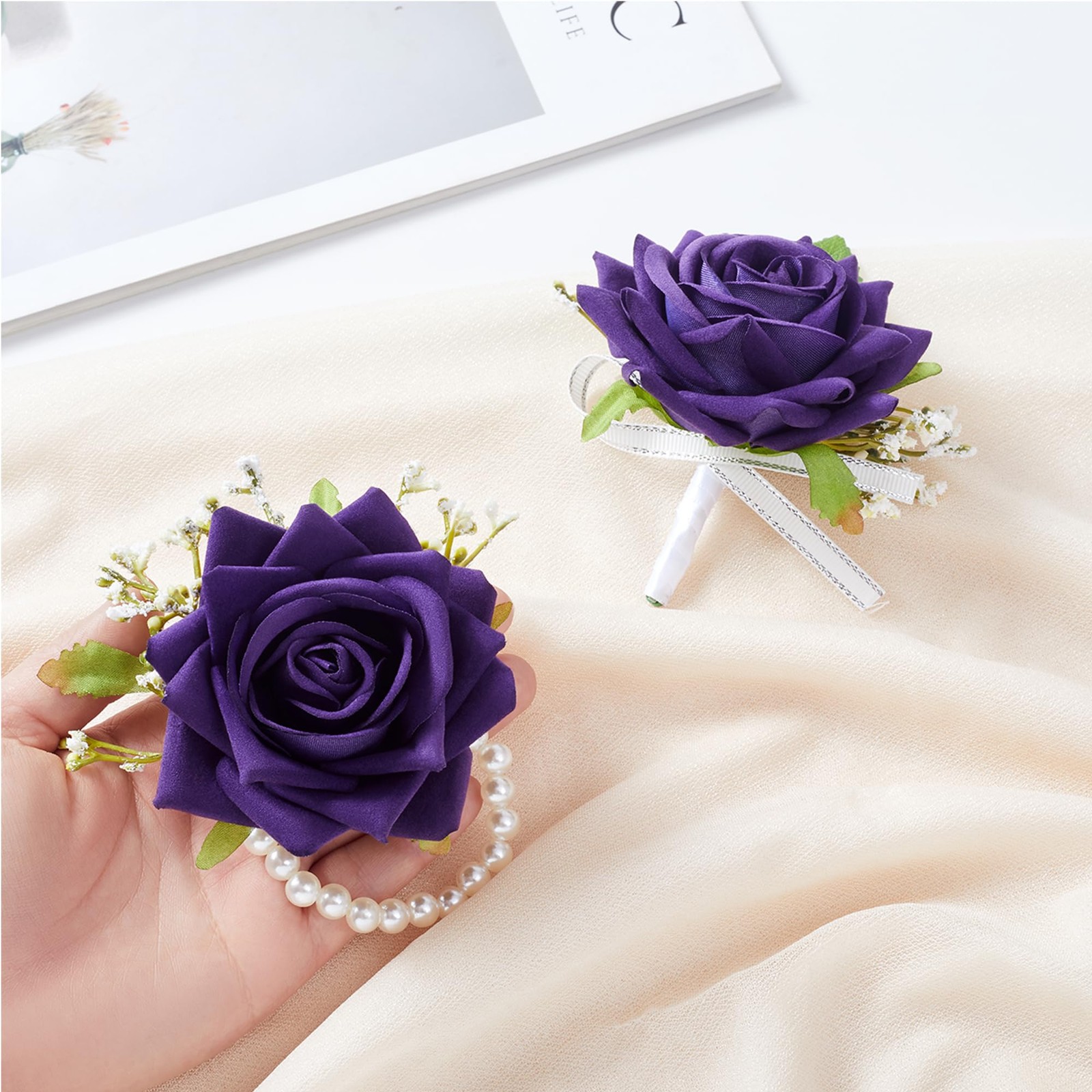 2Pcs Purple Corsage and Boutonniere Set Corsage Wristlet for Prom Decor Bouto…