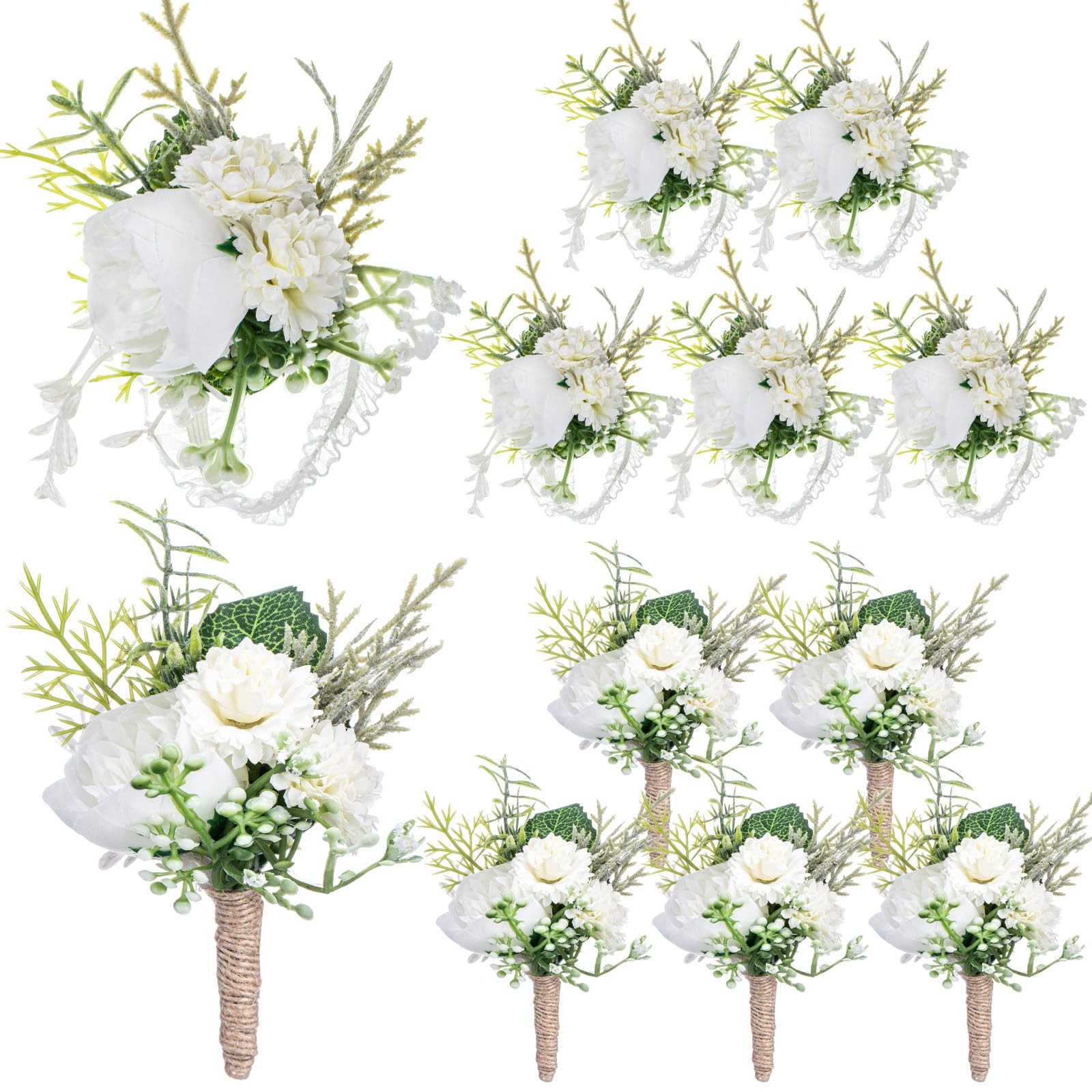 12PCS Wedding Corsage Boutonniere Set Artificial Rose Wristband Prom Retro White