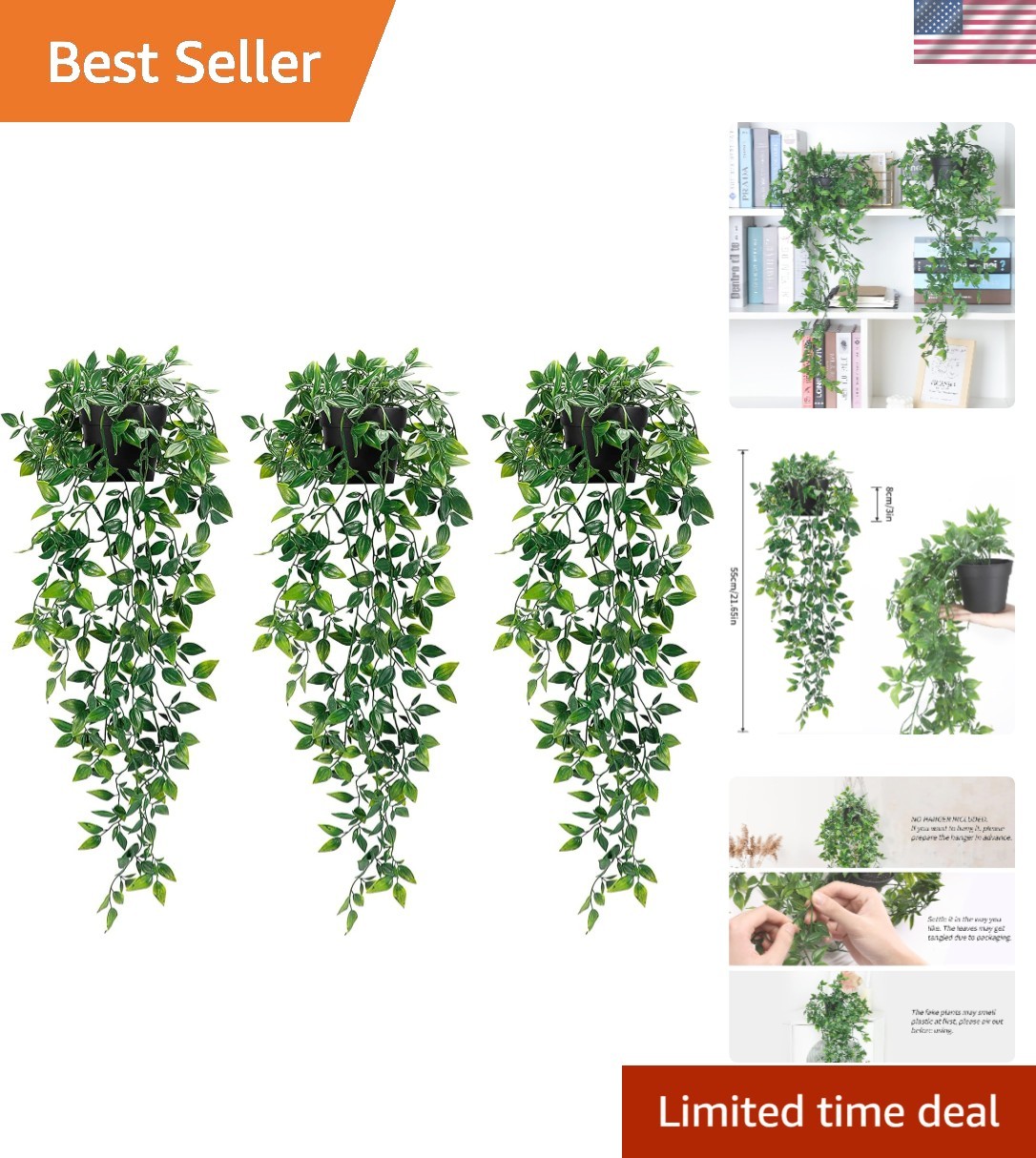 Chic 3 Pack Artificial Hanging Plants with Adjustable Shape for Custom Decor