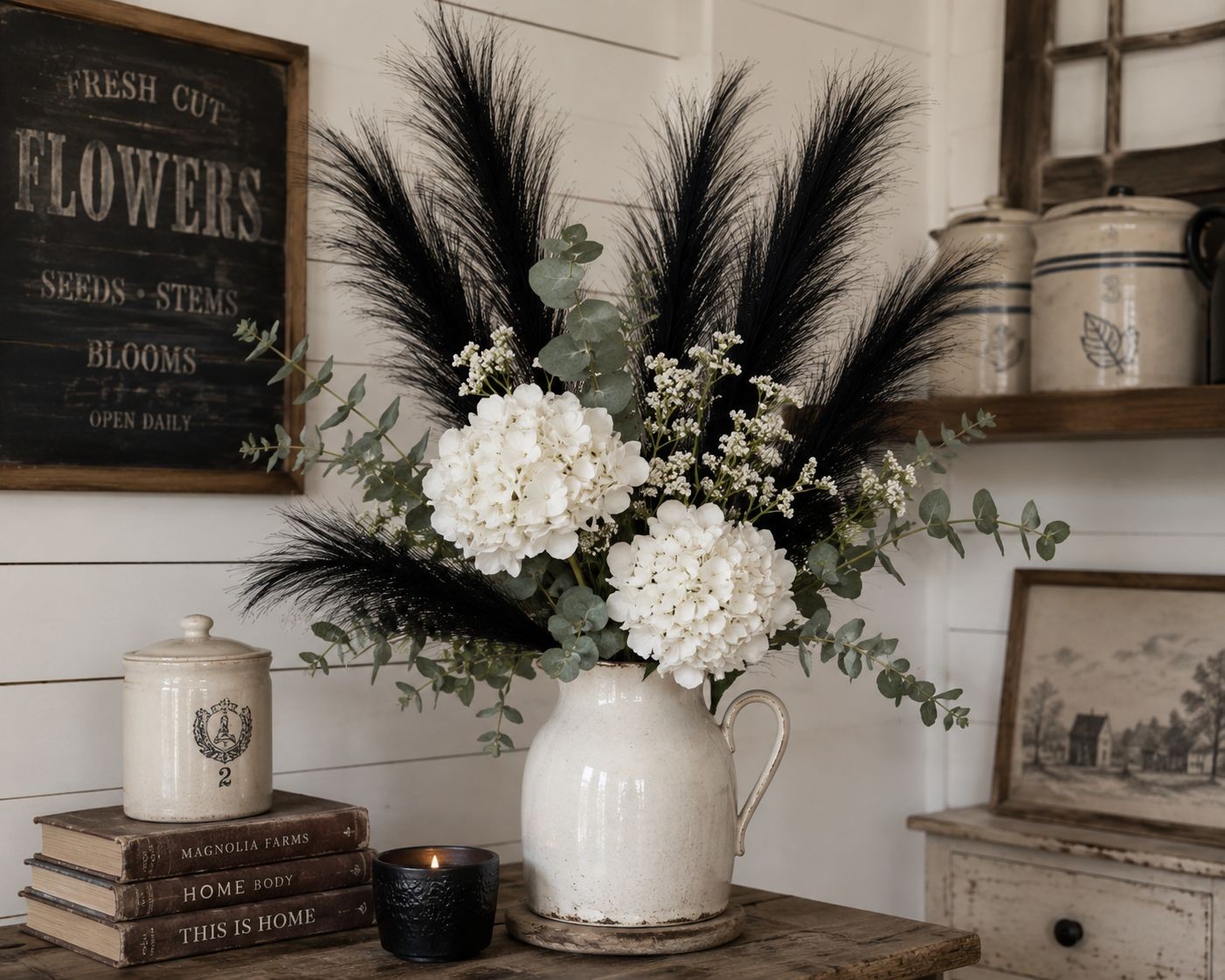 Midnight Black Faux Pampas Grass Bundle | 3 Artificial Pampas Stems | Black Home