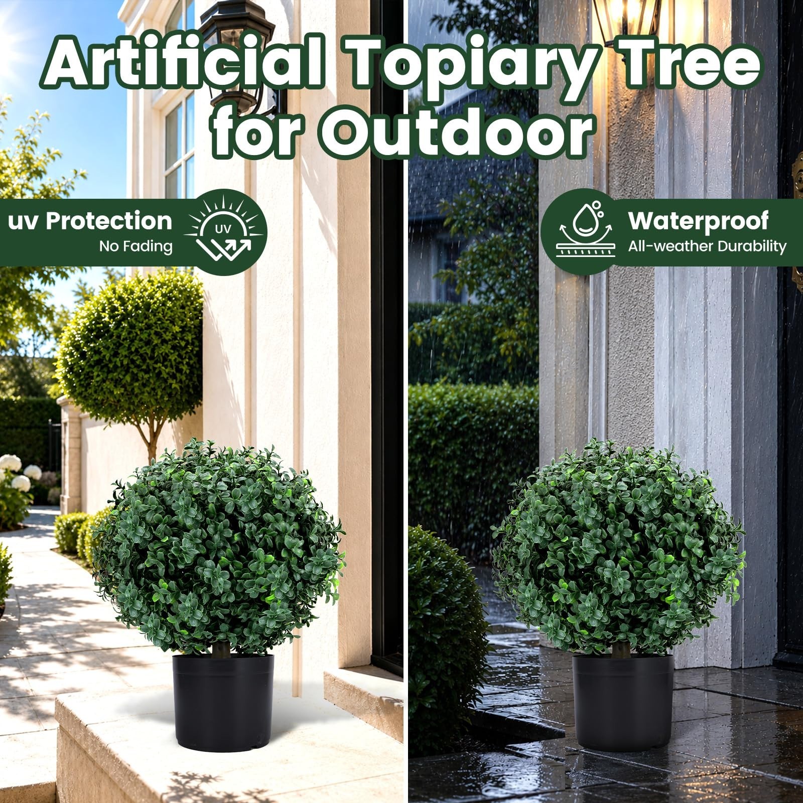 Set of 2 Faux Boxwood Topiary Trees – UV-Resistant Potted Greenery for Home, Gar