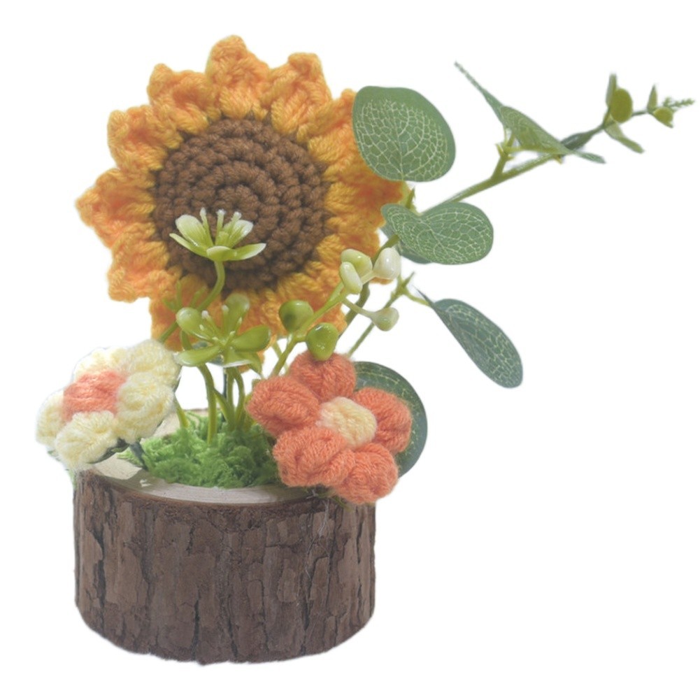 Sunflower Potbouquet Plastic Silk Flower Hand Knitted Home Decor 12x7cm