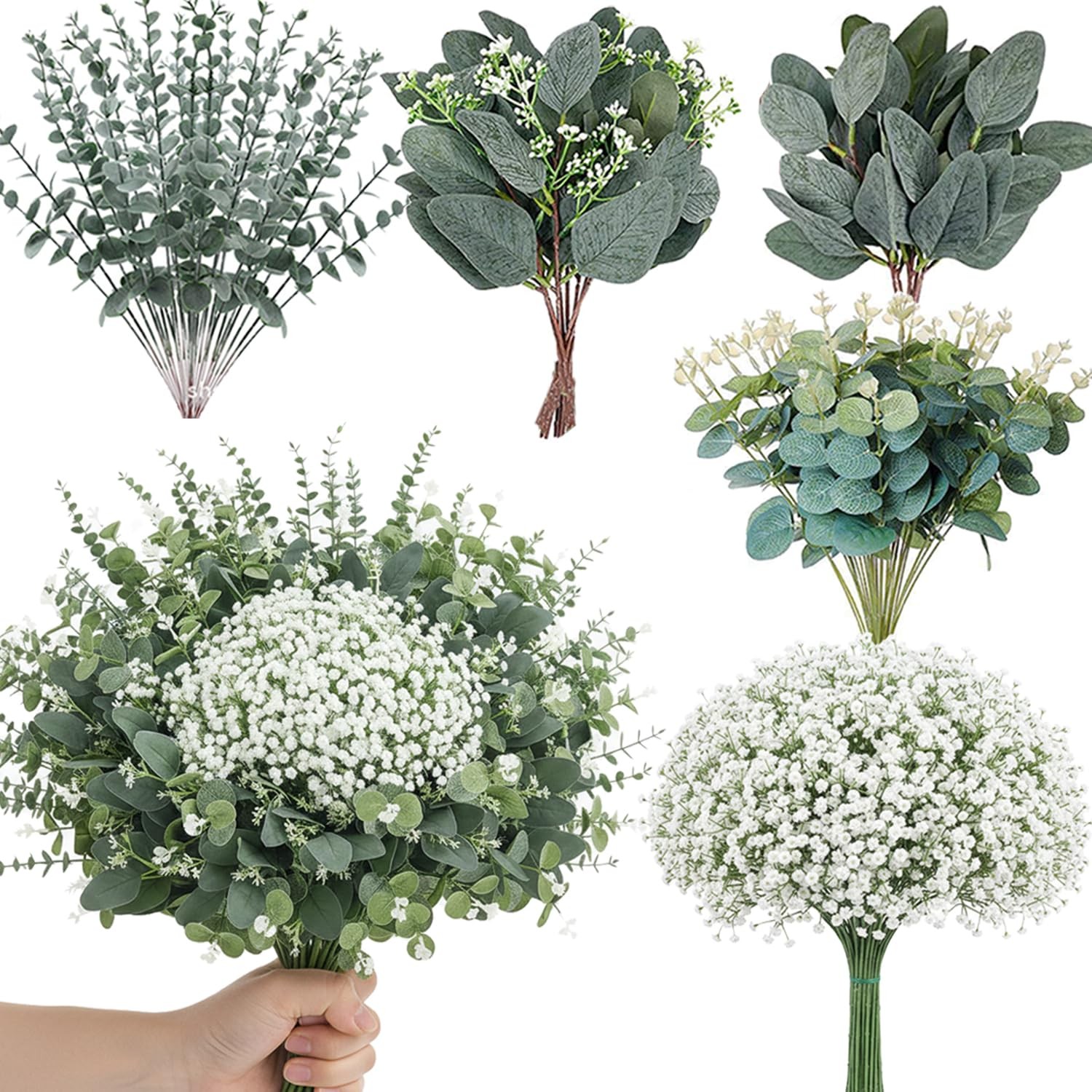 120 Pcs 5 Mixed Eucalyptus Greenery Stems Artificial Baby Breath Flowers Bulk…