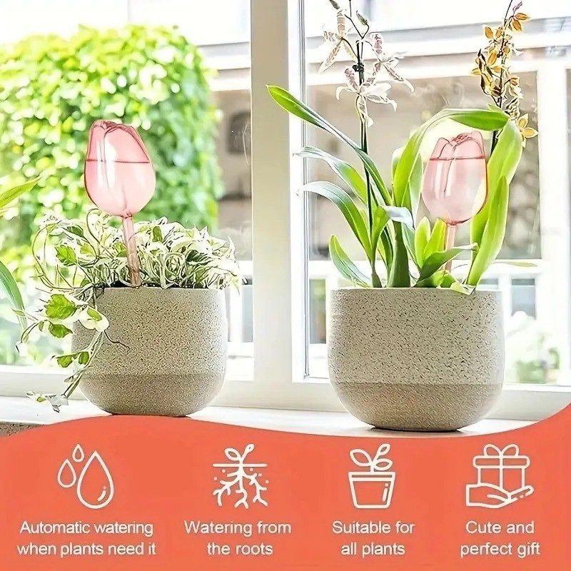 Pink tulip plant watering balls, suitable for indoor and outdoor plants, automat