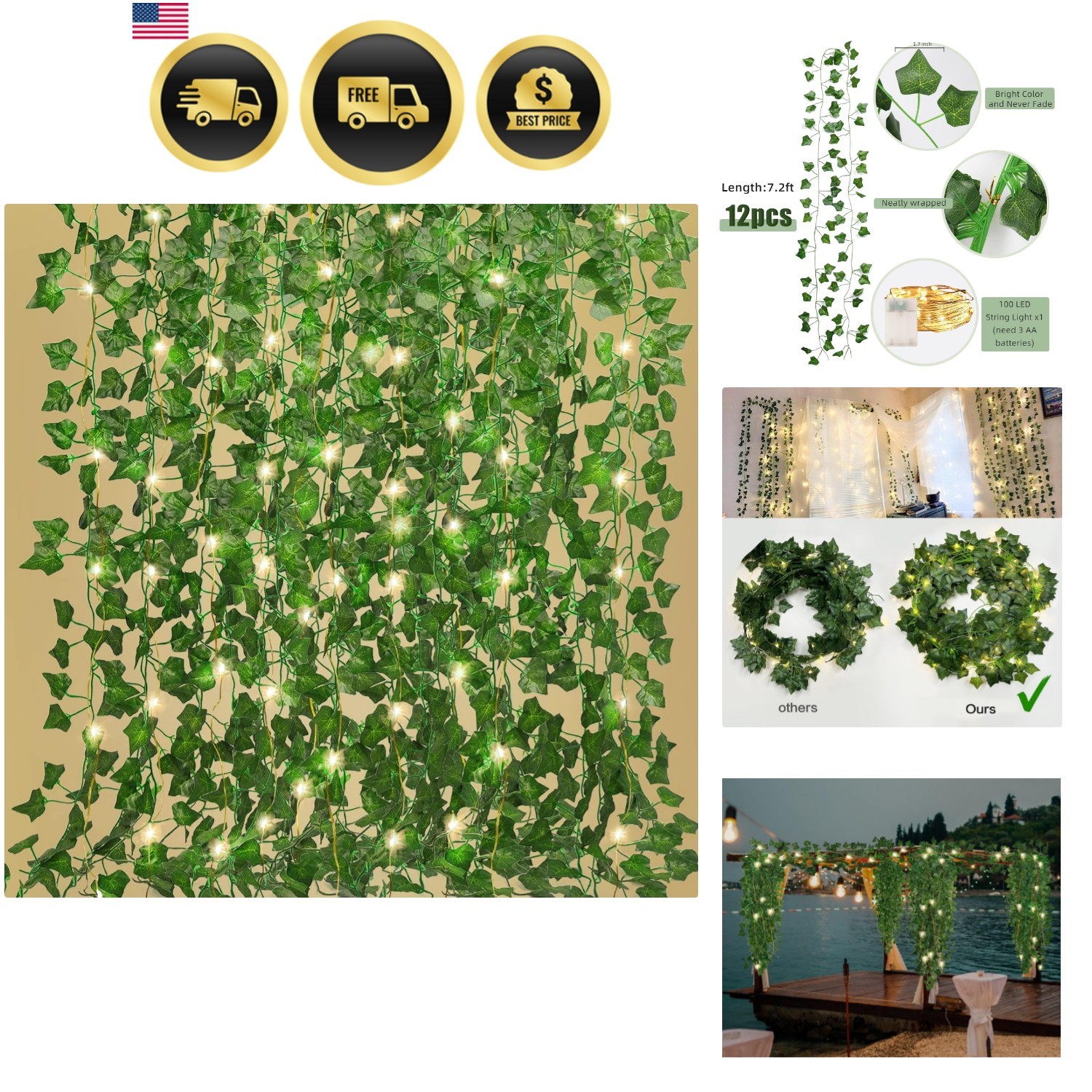 Ivy Fake Vines for Room Decor 12 Pack 86 FT Artificial Plant with 100 LED Str…
