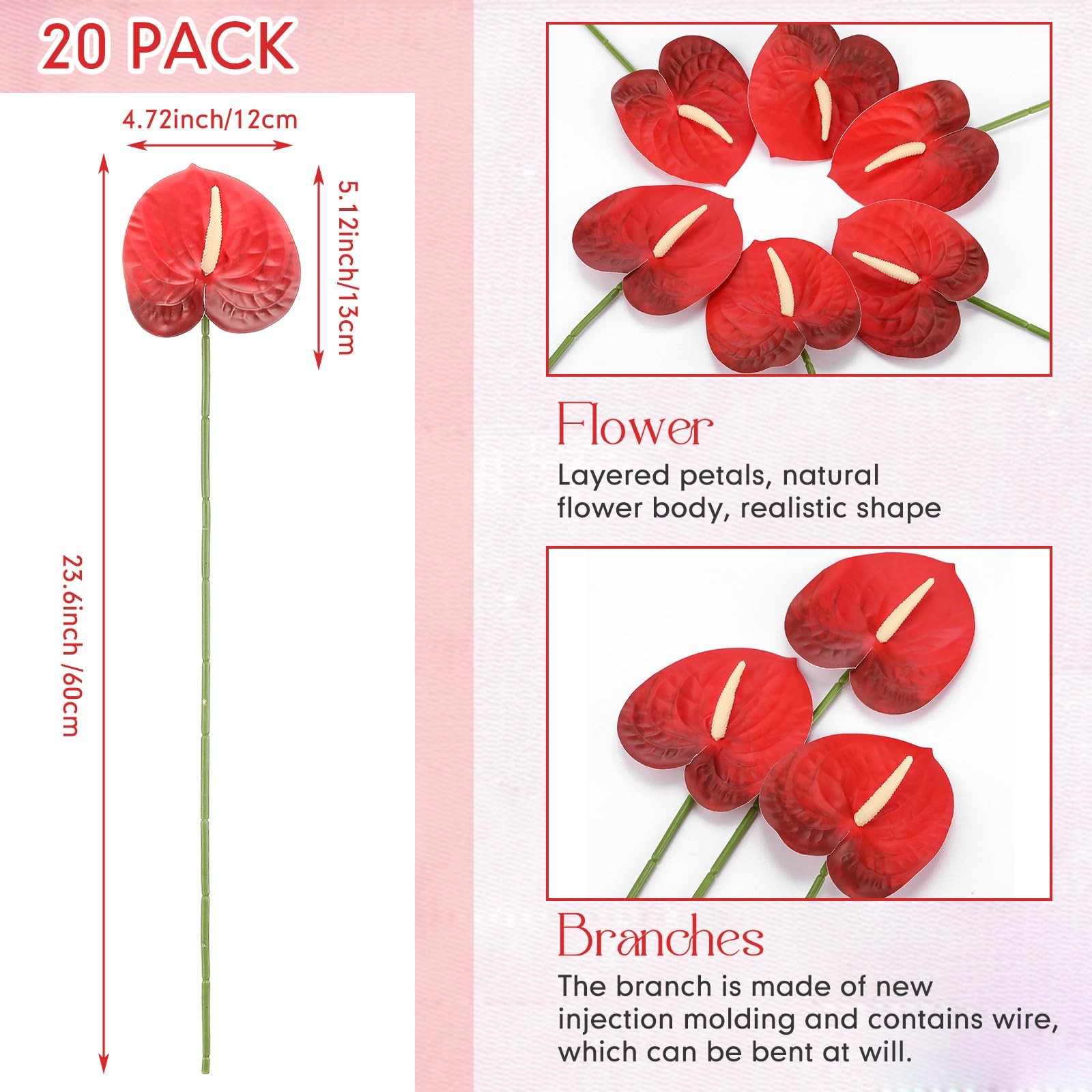 Artificial Anthurium Fake Flowers For Vase Bouquets Red Fits 23.6 Inch