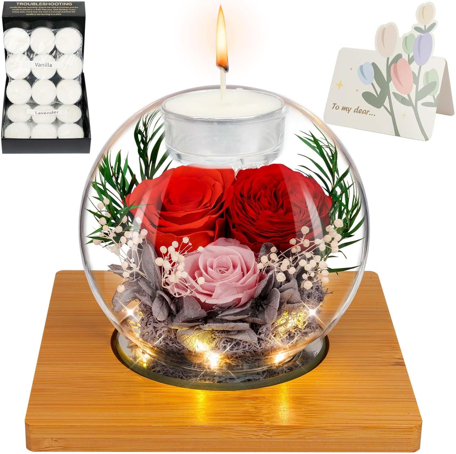 Preserved Red Real Rose in Glass with Scented Candles – Forever Flower Romantic