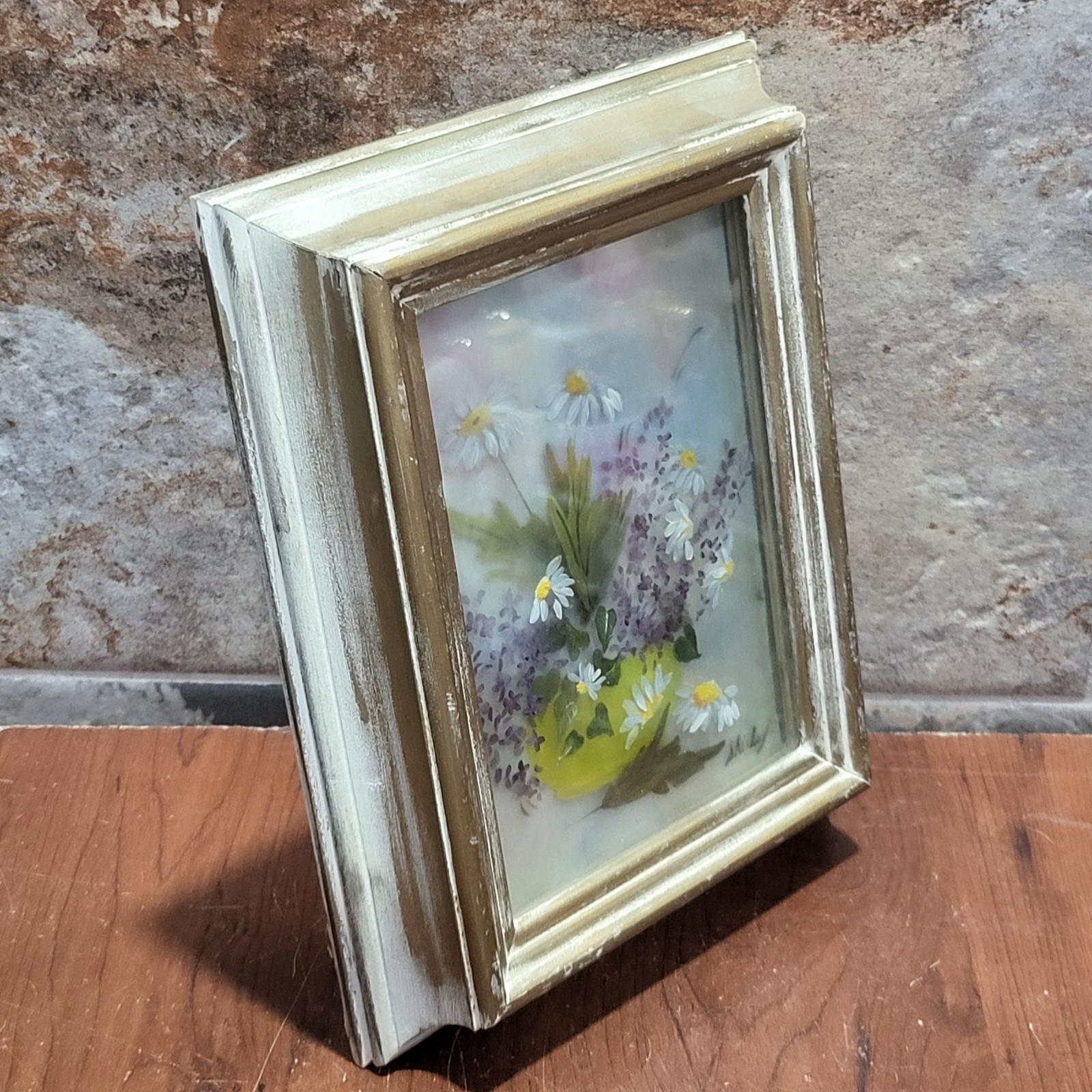 Framed Artwork Dried Flowers 3D Floral Arrangement Yellow Vase Signed Shirley