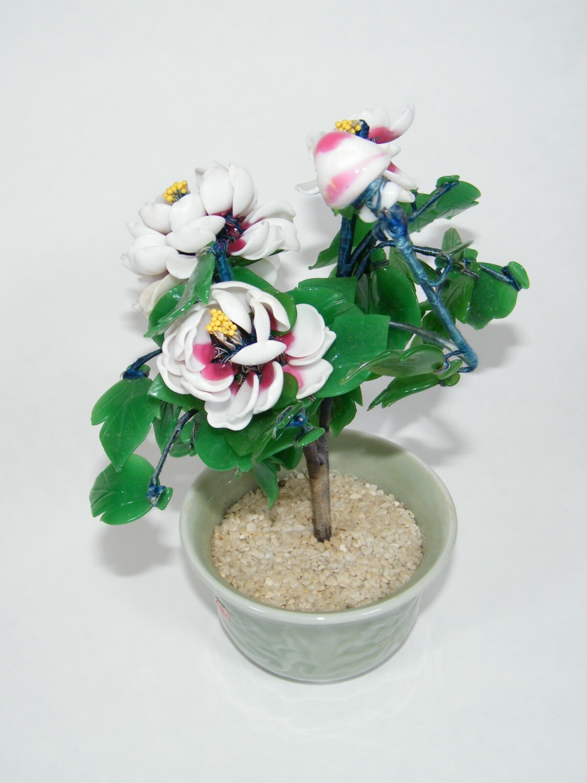 COLORED GLASS FLOWERS IN POT 10″ BONSAI TREE WHITE PINK GREEN POTTED