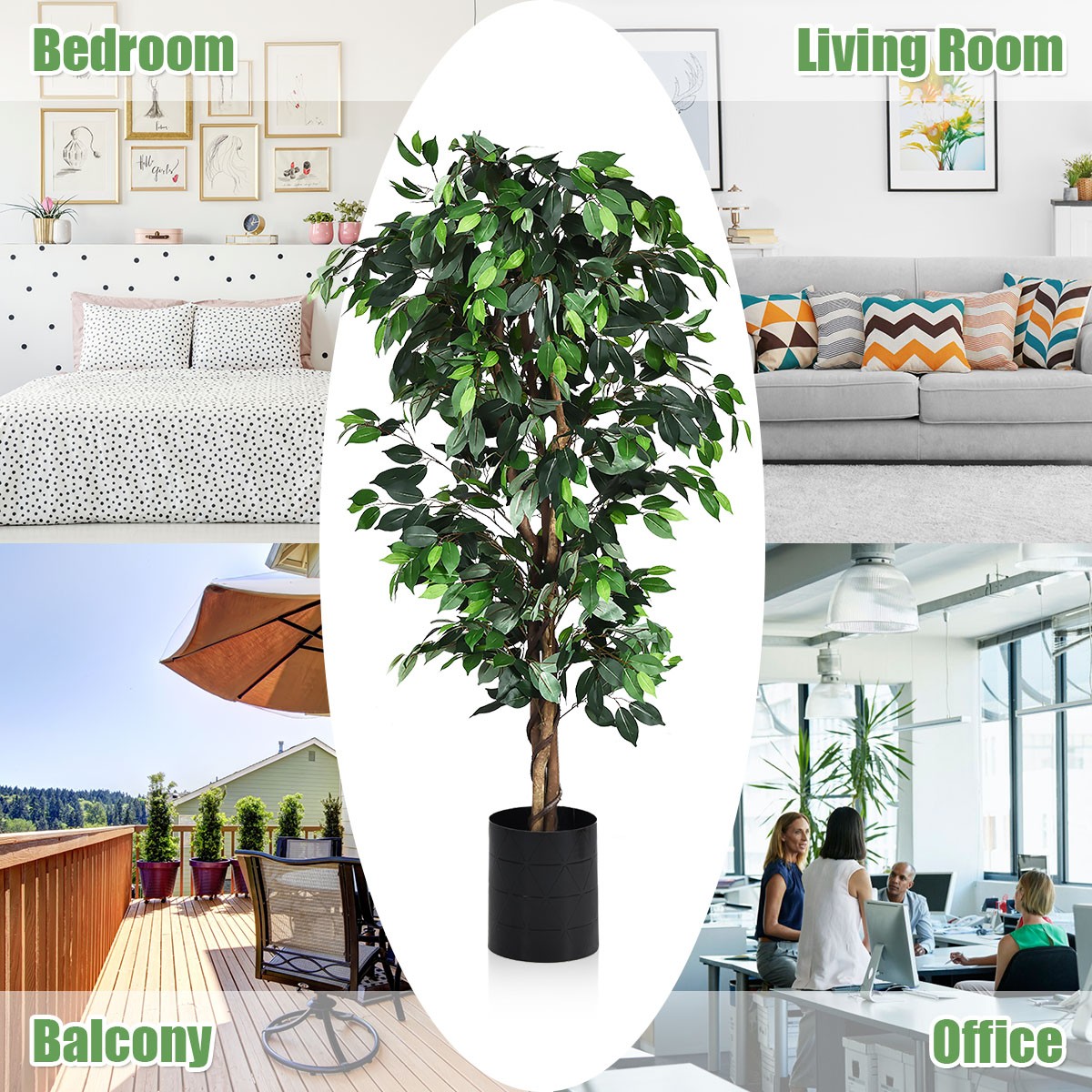 6 Feet Artificial Ficus Silk Tree Home Decor Wood Trunks Green Living Room