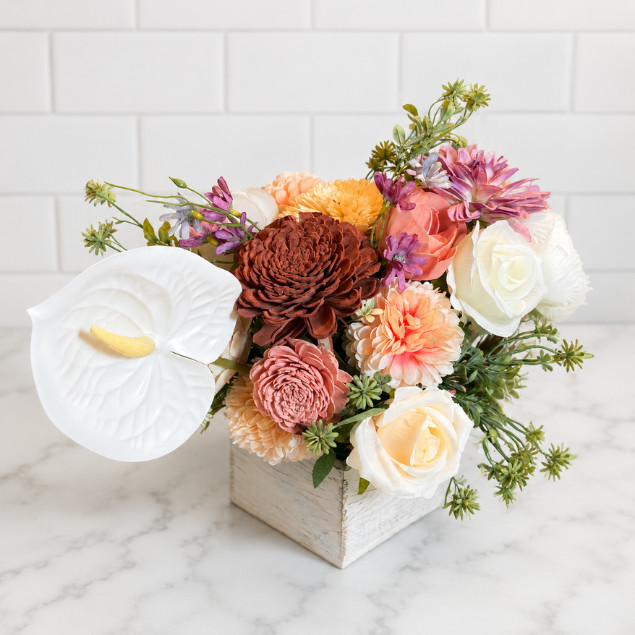 Sola Wood Silk Floral Centerpiece Rustic Wooden Box Arrangement Home Decor Gift