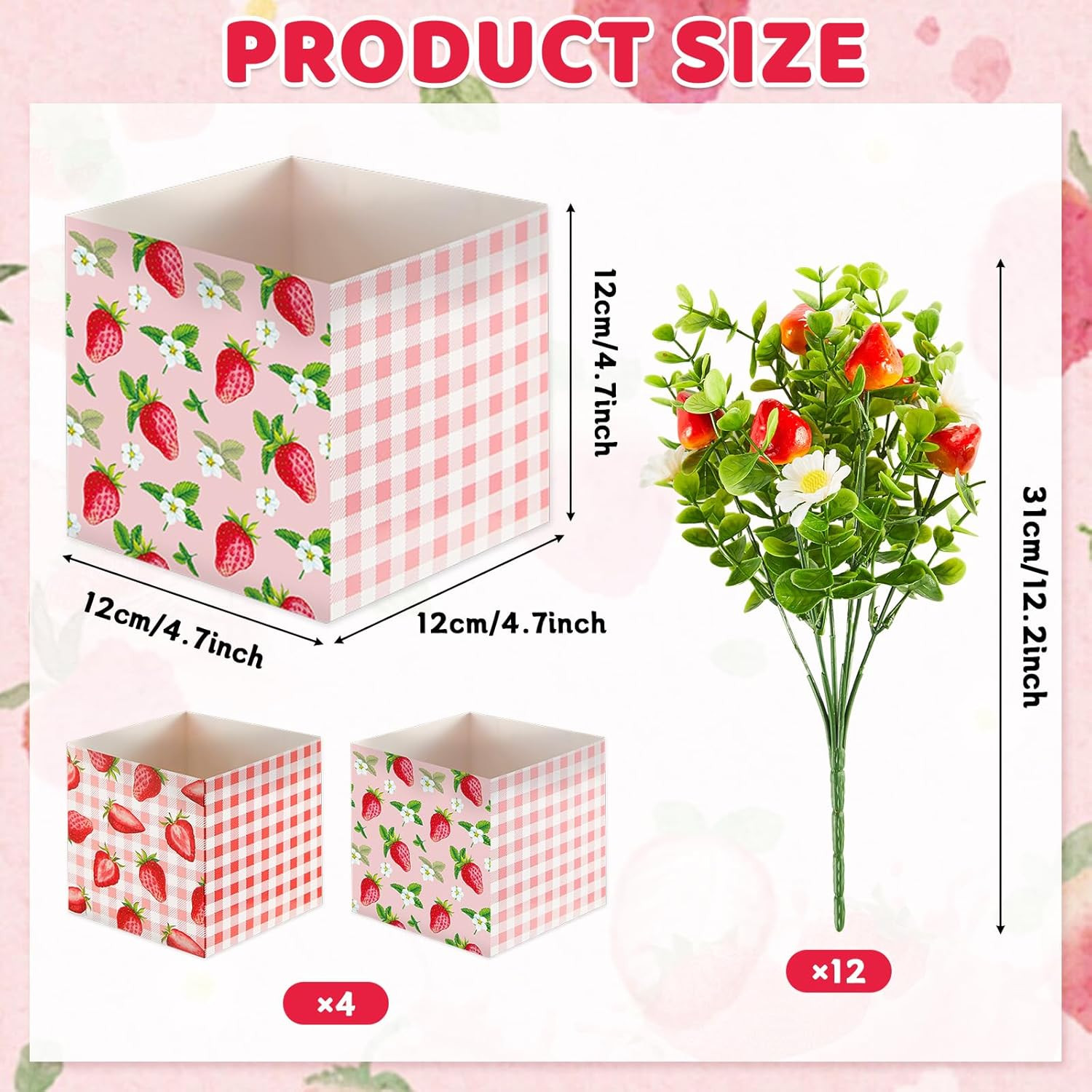 Summer Strawberry Centerpiece Decor – 4 Sets of Artificial Plants & Box