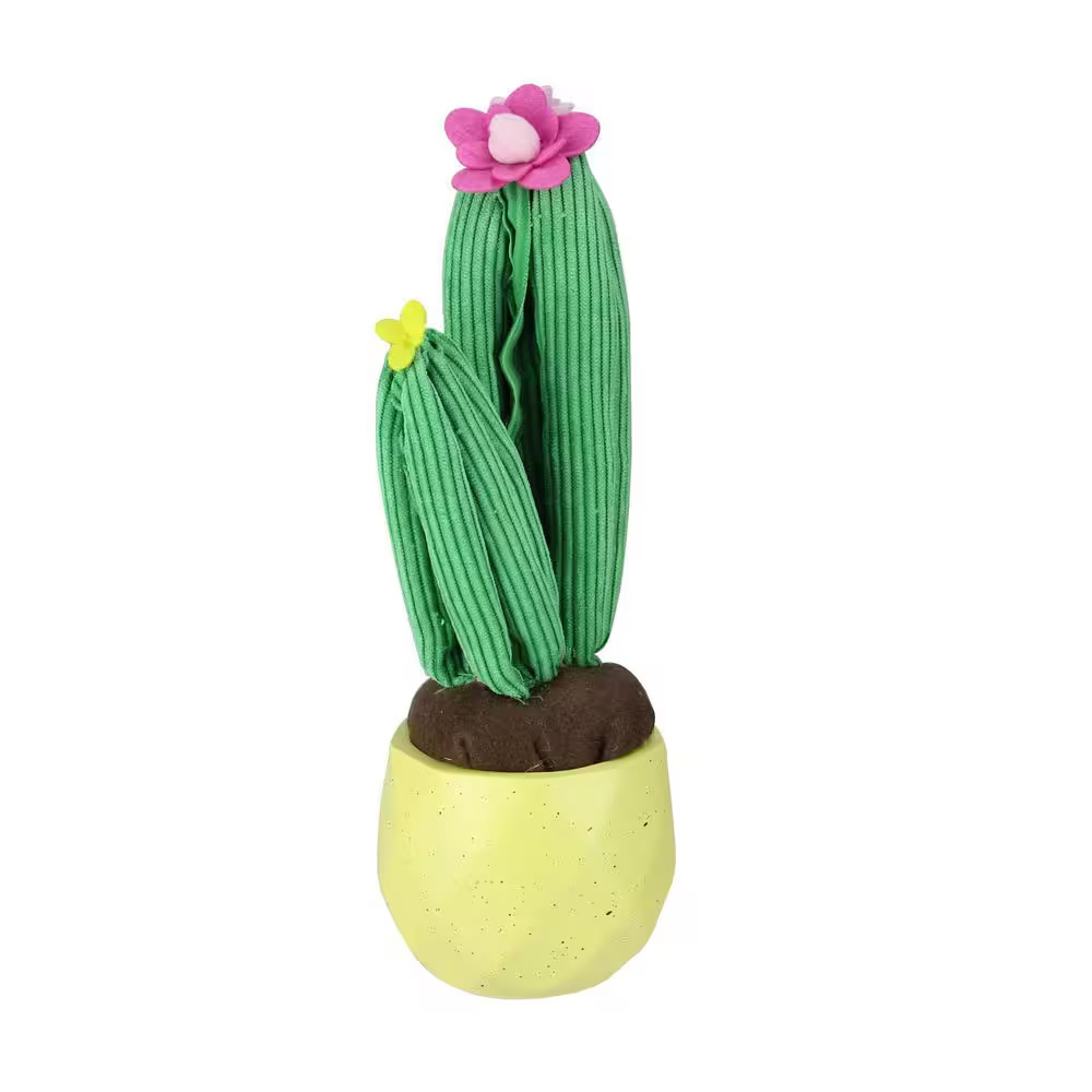 10.5 In. Artificial Plush Dual Cactus in Yellow Pot Table Top Decoration