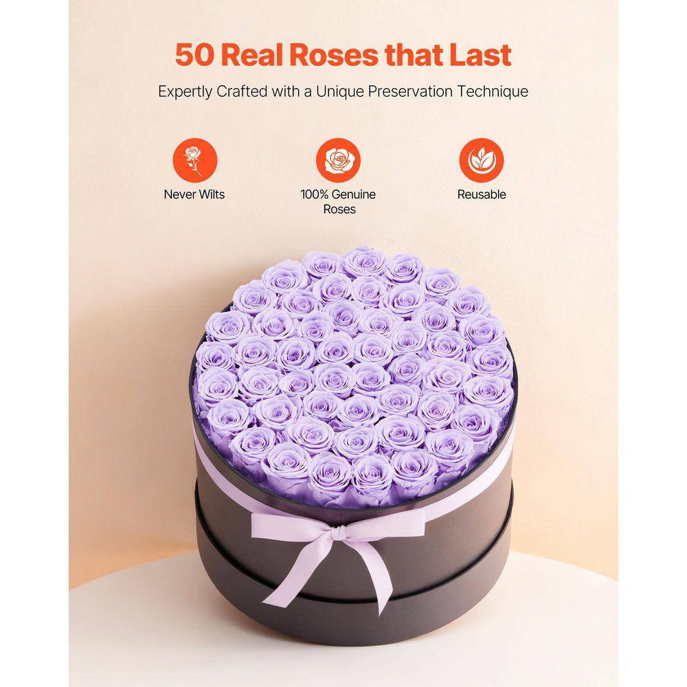 50 Preserved Roses in a Box, 6.5 In. Lavender Purple Indoor Artificial Rose in B