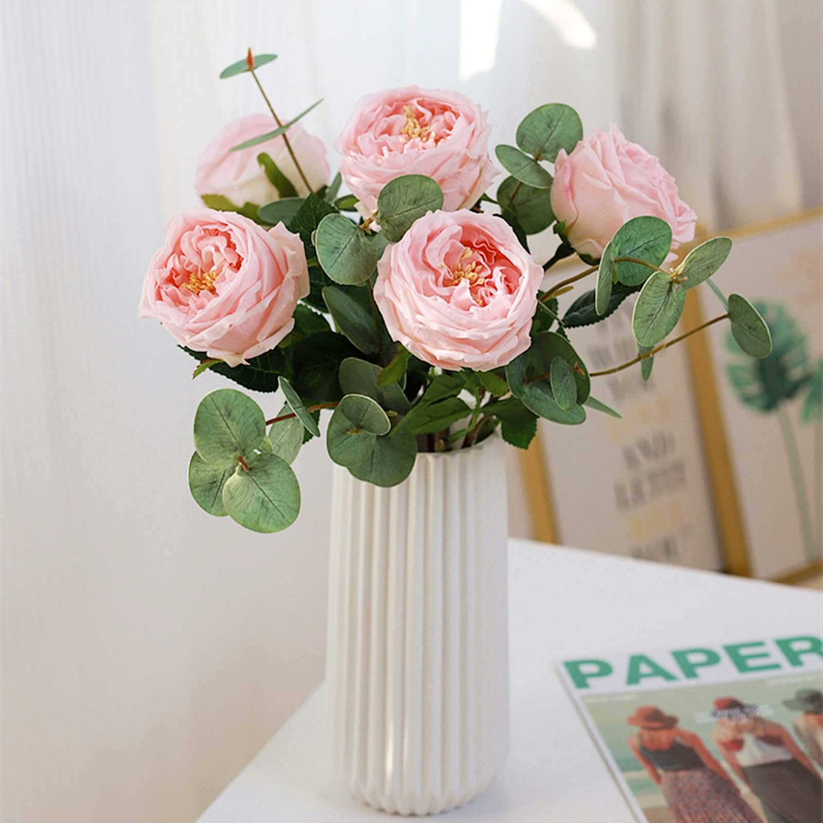 4 PCS Pink Austin Roses Artificial Flowers Real Touch Latex For Wedding Bouquet