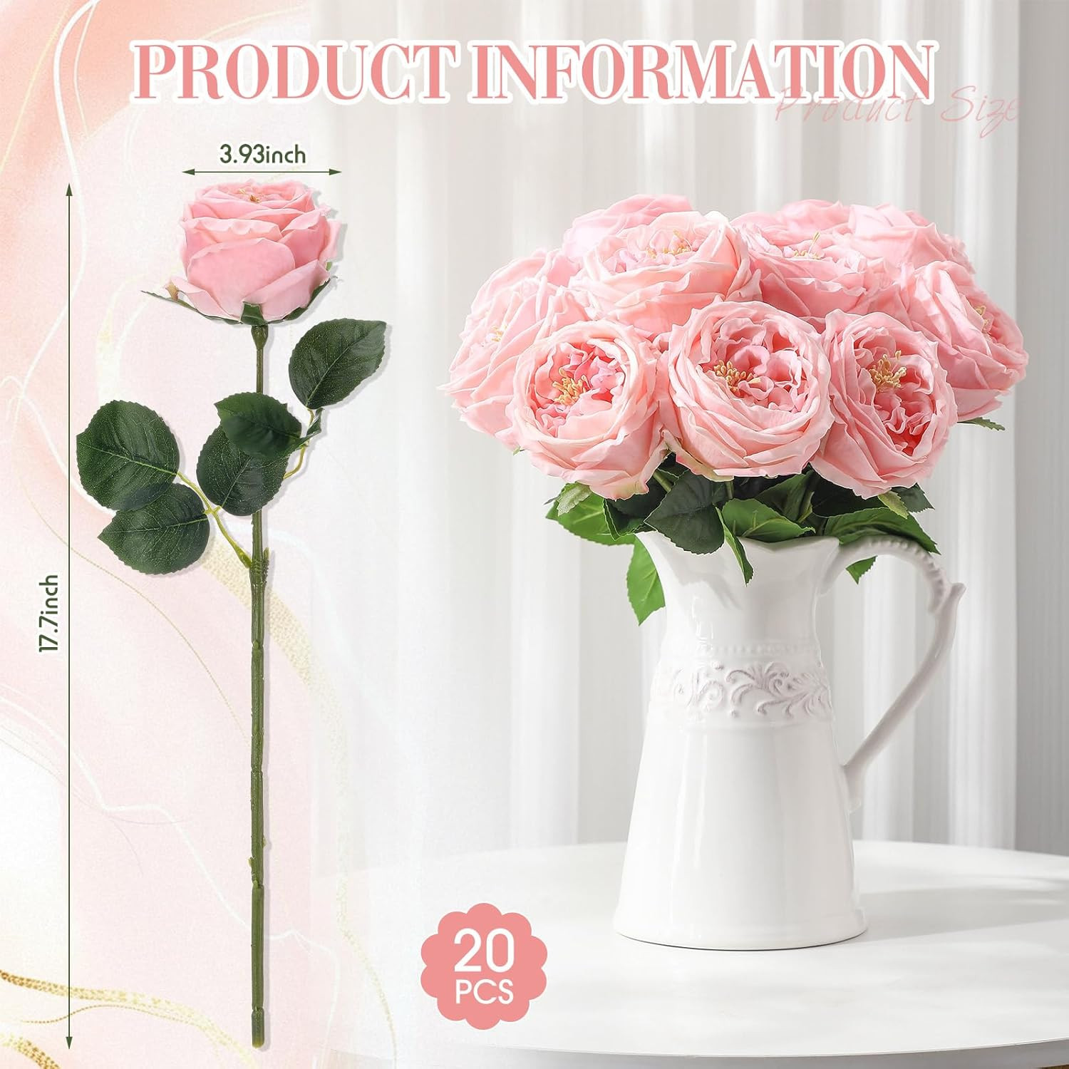 20 Pcs Lifelike Pink Peonies & Austin Roses for Home Decor & Weddings