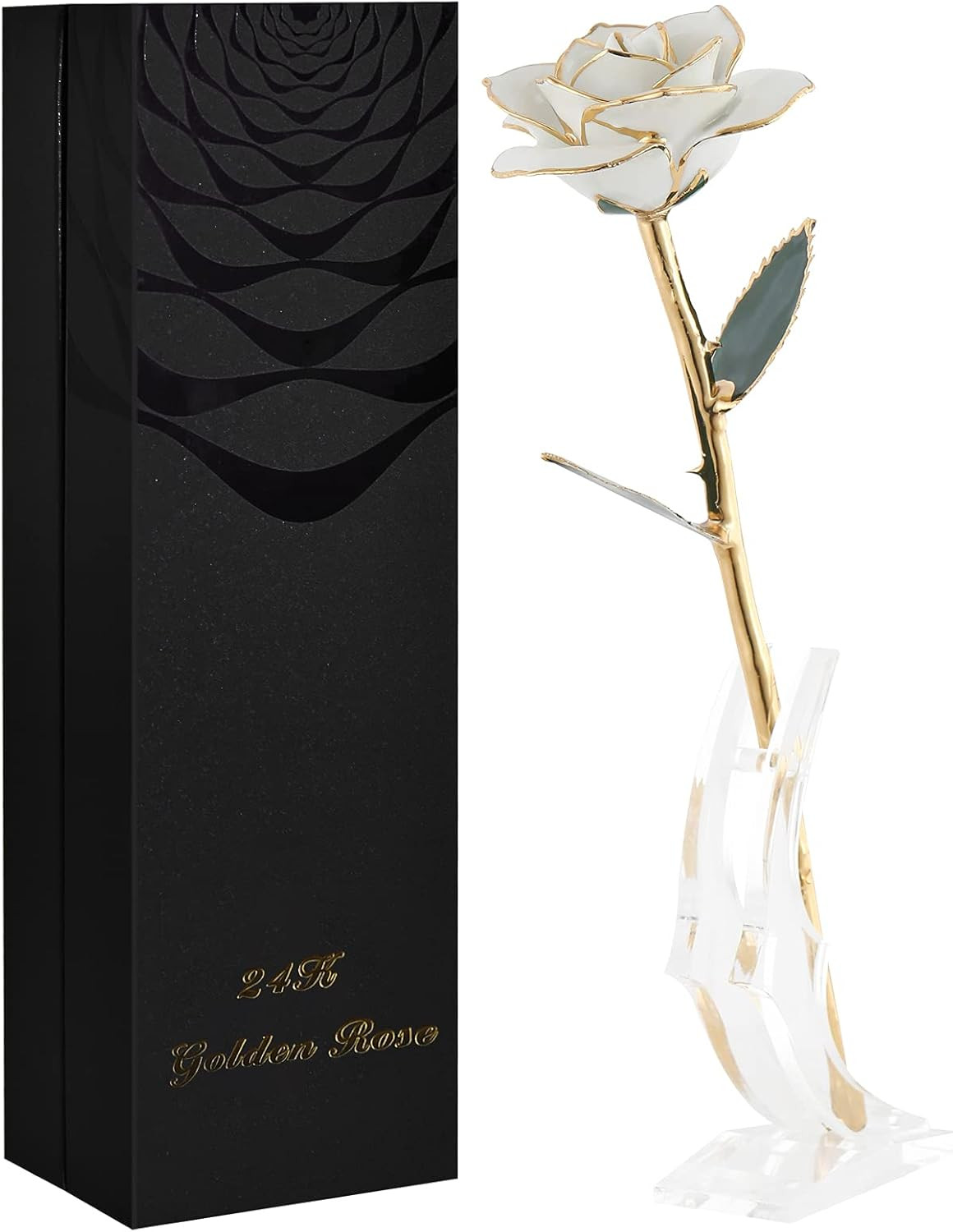 24K Gold Dipped Real Rose Lasted Forever with Stand, White Gold Rose Gifts