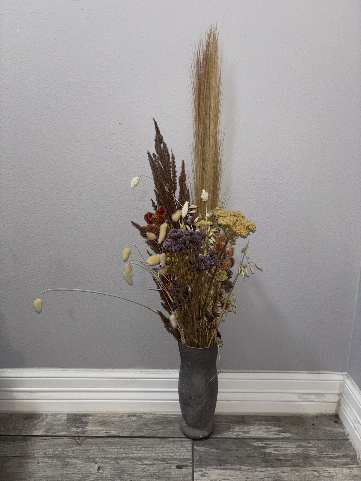 Fresh Dried Flower Arrangement in Gray Vase with Brown, Yellow, Purple, Cream