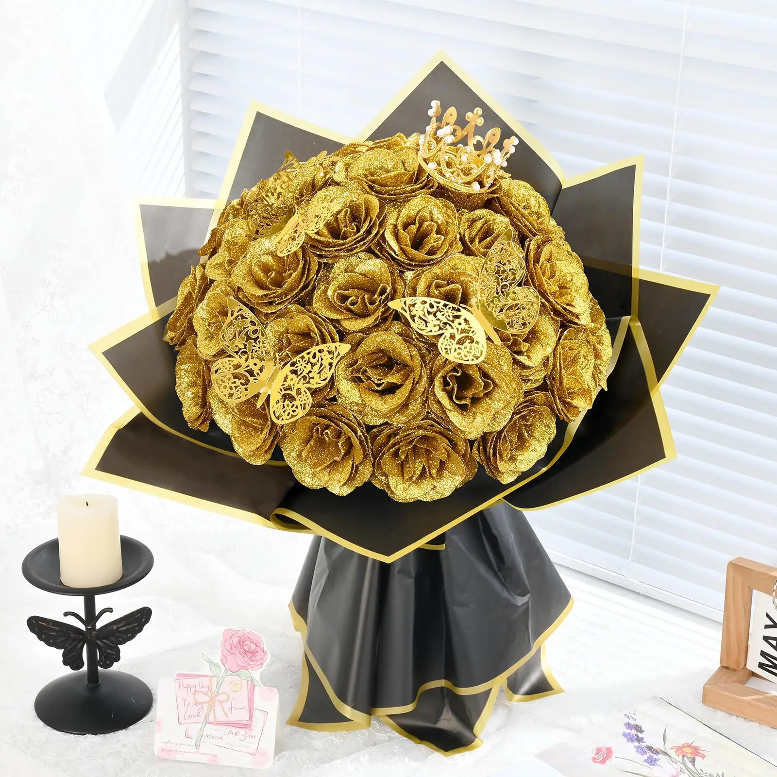12PCS Glitter Roses Artificial Flowers DIY Bouquet Everlasting Fake Flower