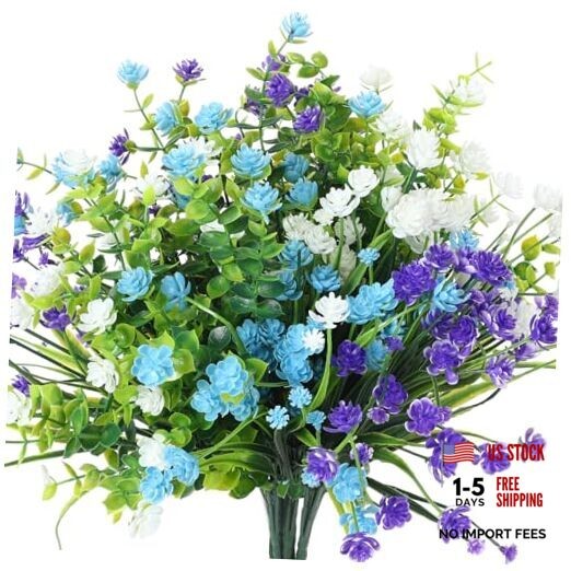 12 Bundles Artificial Flowers Outdoor, UV Resistant Faux Blue, Purple, White