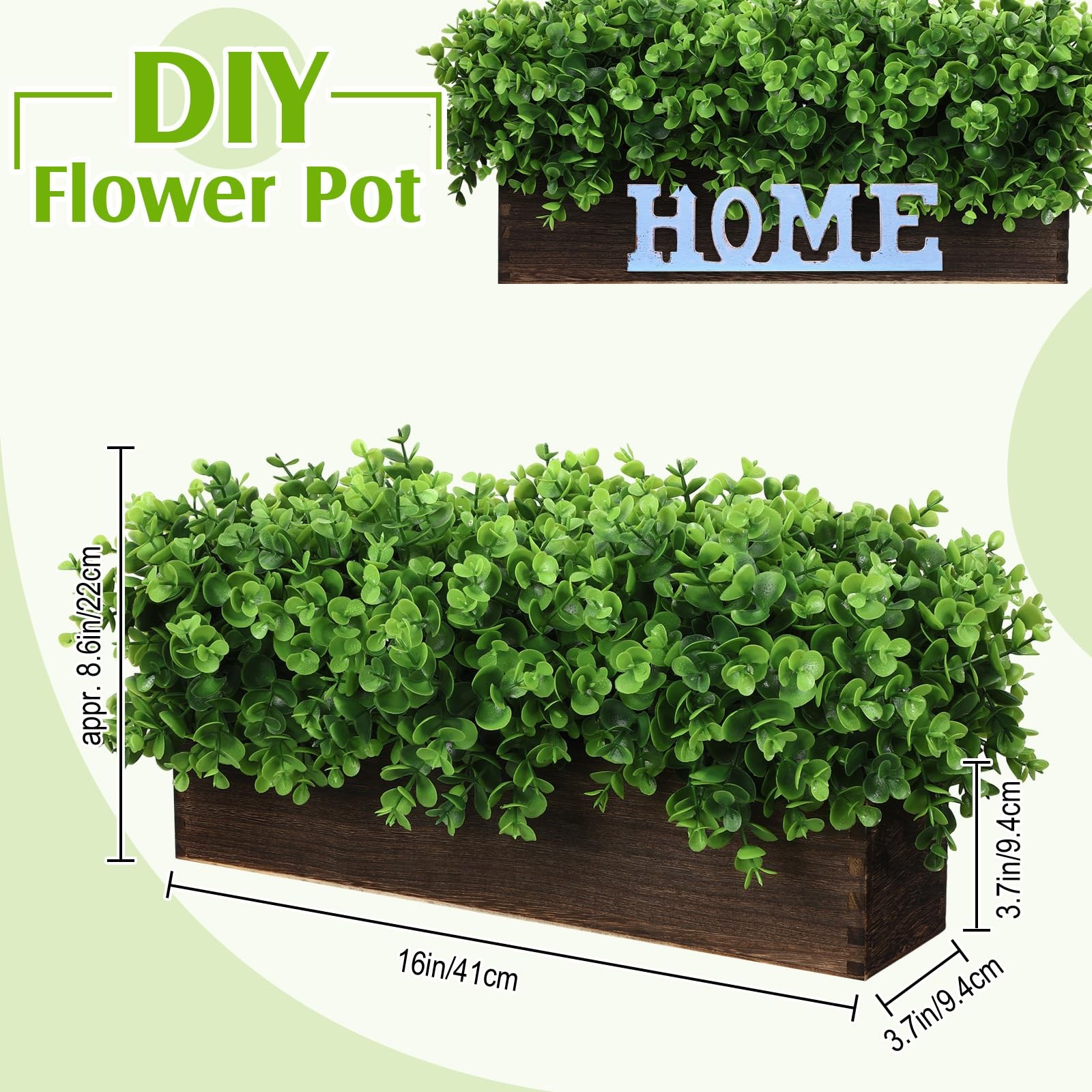 2 PCS Artificial Eucalyptus Plant Rustic Wood Planter Box Emerald 16×3.7×8.7