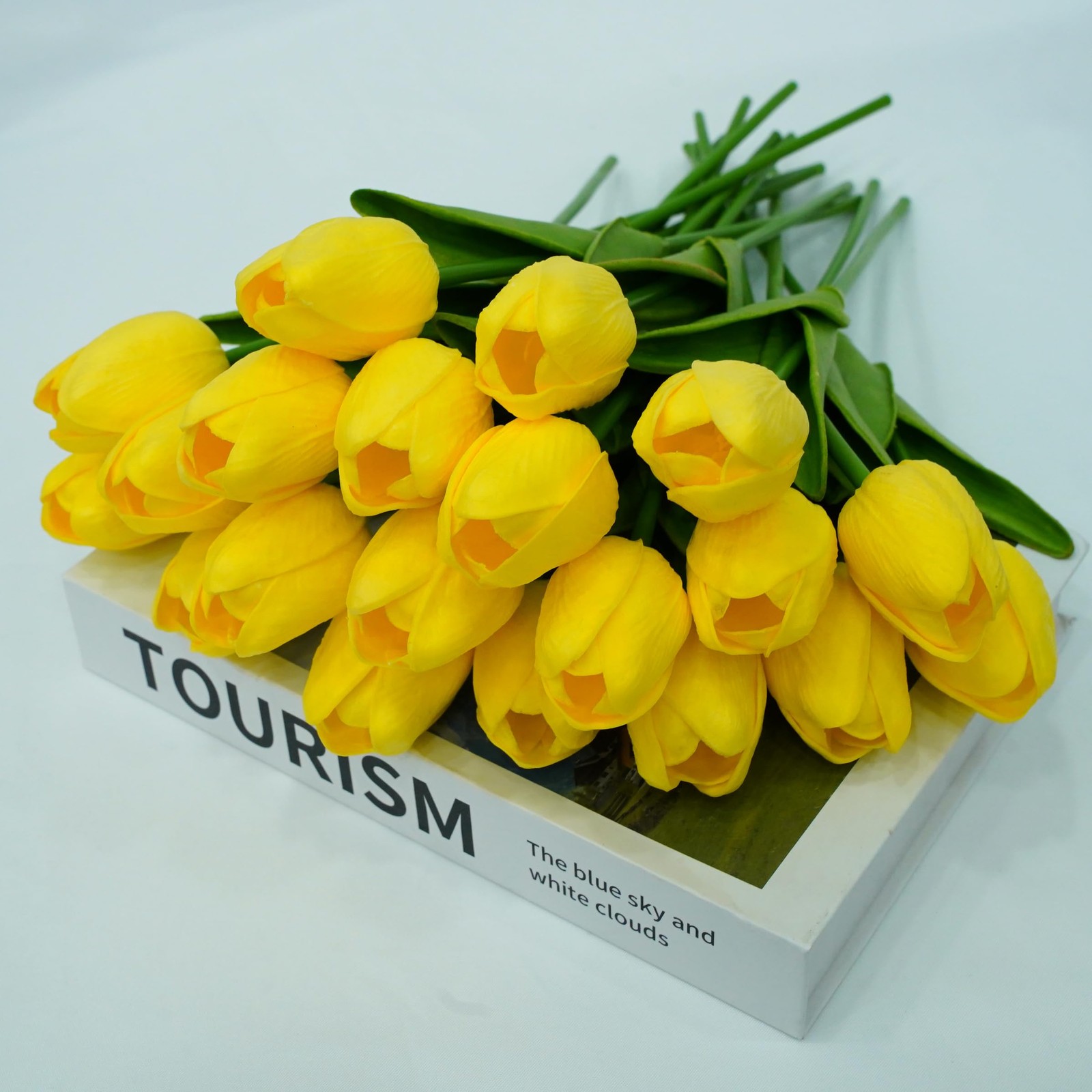 20 PCS Yellow Fake Tulips PU Artificial Faux Flowers 13.5 Inch Spring Decor