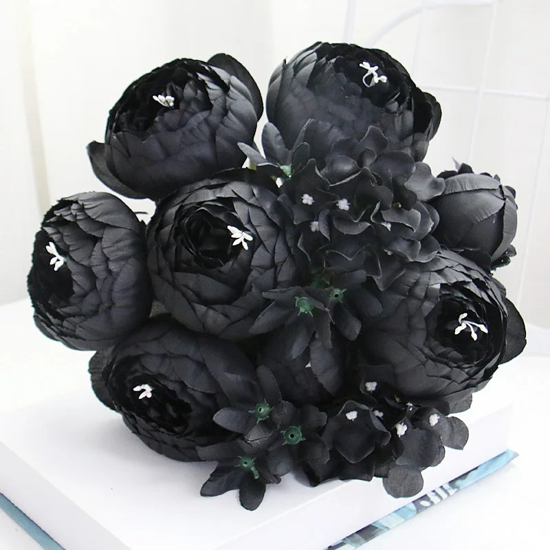 12-Head Black Peony Rose Hydrangea Artificial Bouquet DIY Wedding Decor Flowers