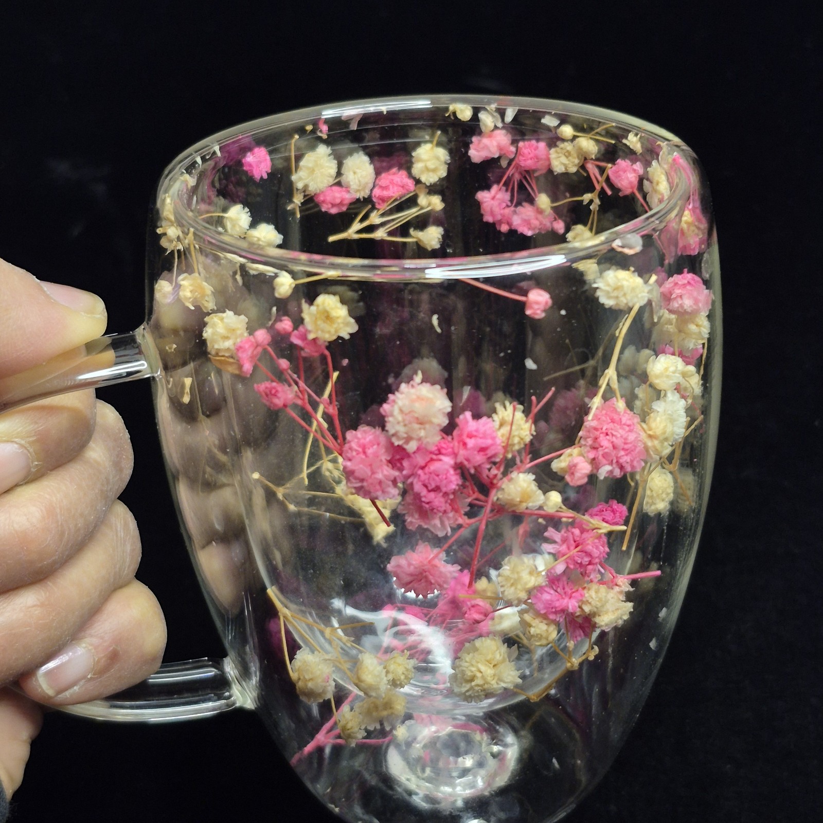 Dried Flower Glass Mug – Double Wall Clear Coffee Tea Cup – Botanical Floral