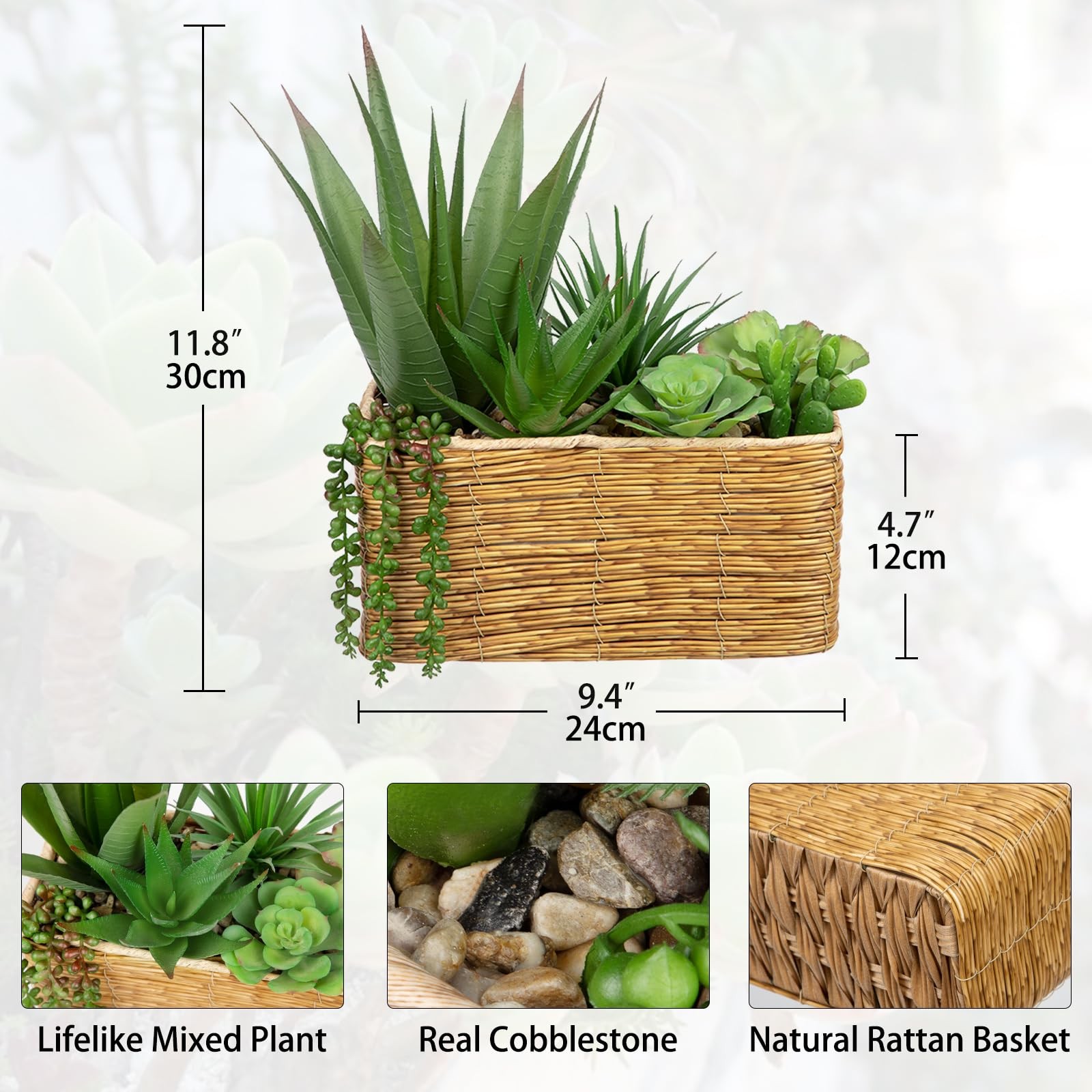 12 Inch Artificial Succulent Plant Arrangement Fake Agave Potted Woven Basket