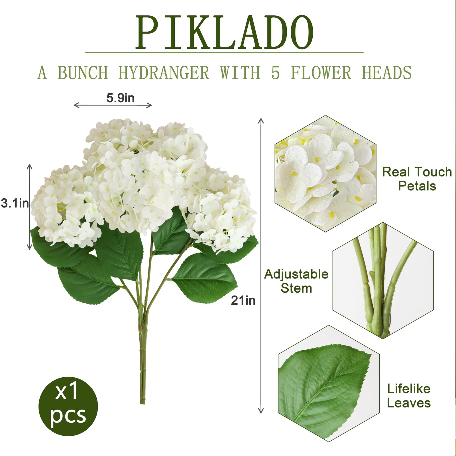 1 Bunch 21in Real Touch Hydrangea Artificial Flowers with 5pcs Flower Head 10…