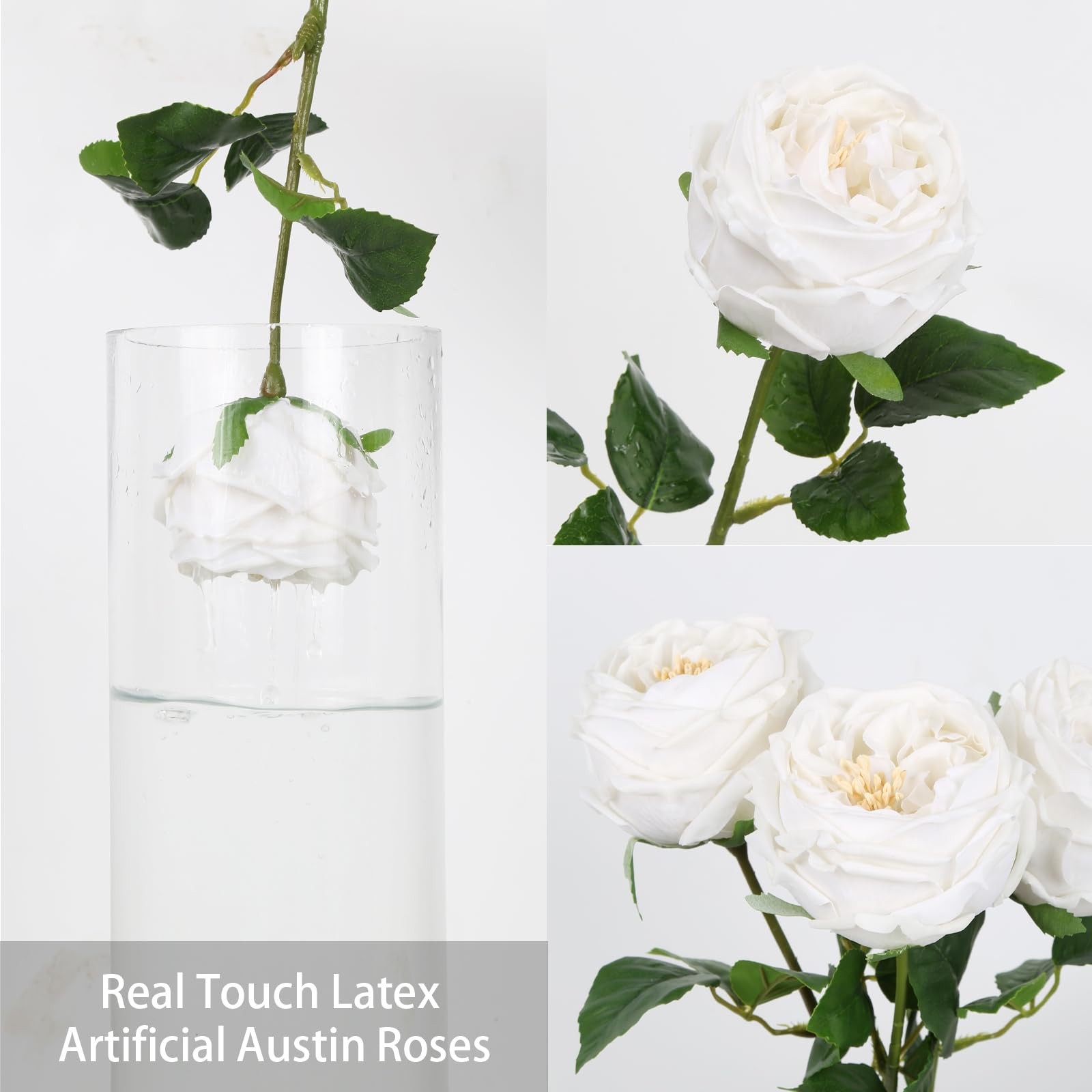 IPOPU White Roses Artificial Flowers,5PCS Real Touch Austin Roses Faux Peony …
