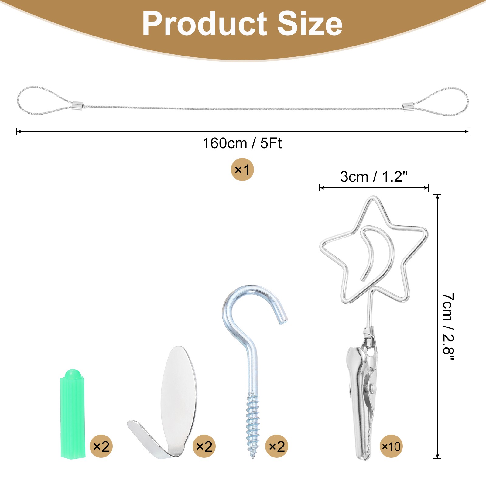 5Ft Wall Hanging Photo Display Cable Wire Rod with 10 Star Shaped Clips, Silver