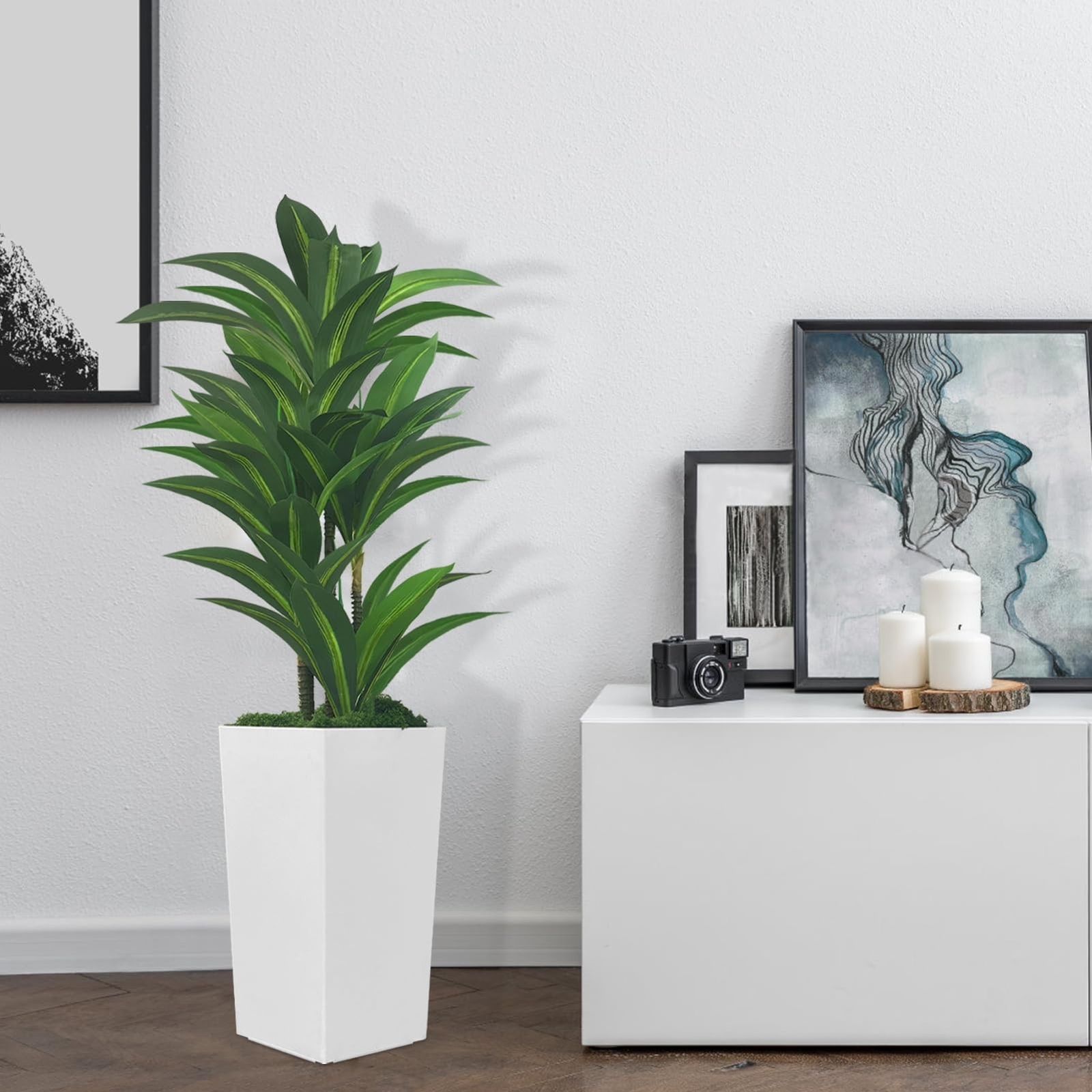 Artificial Dracaena Tree 5FT-Fake Floor Plant with White Tall Planter Faux Tr…