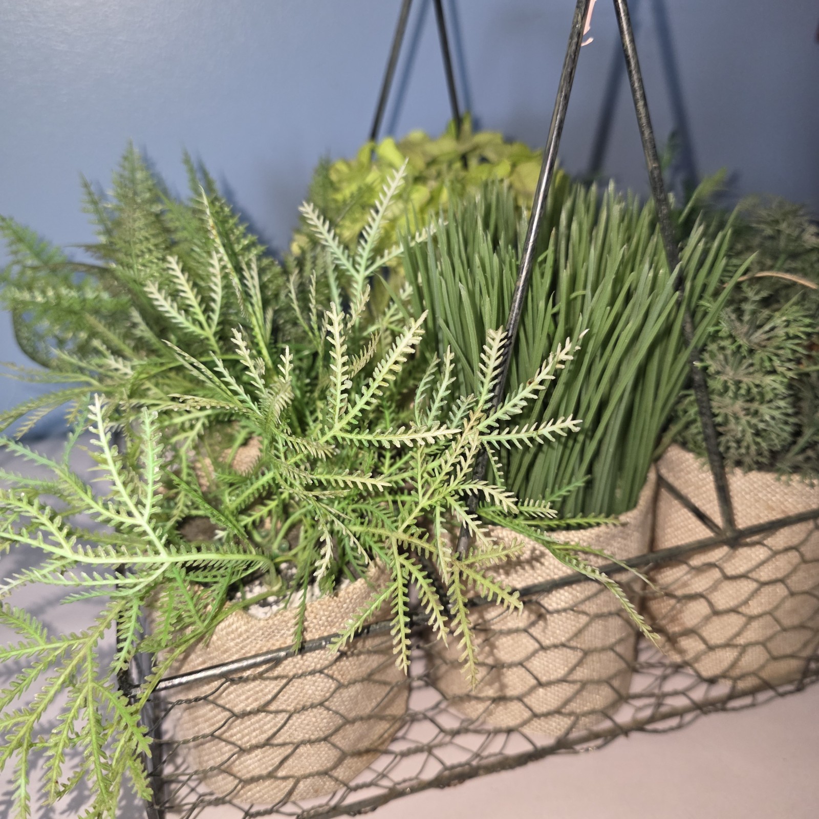 6 Artificial Plants In Burlap Containers In Metal Chicken Wire Carrier w Handle