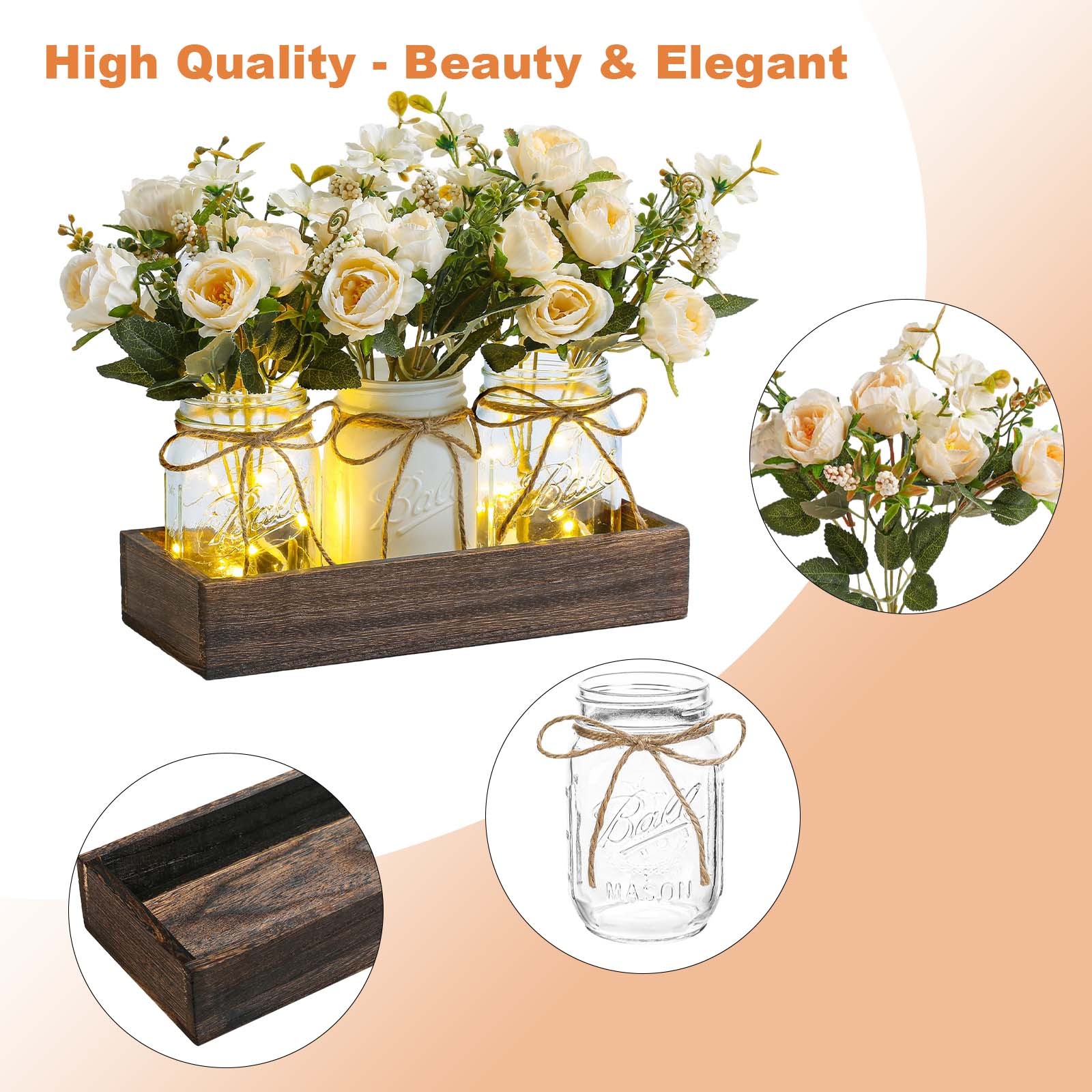 3-Piece Set Mason Jar with Artificial Flowers Rose Centerpiece Table Decoration