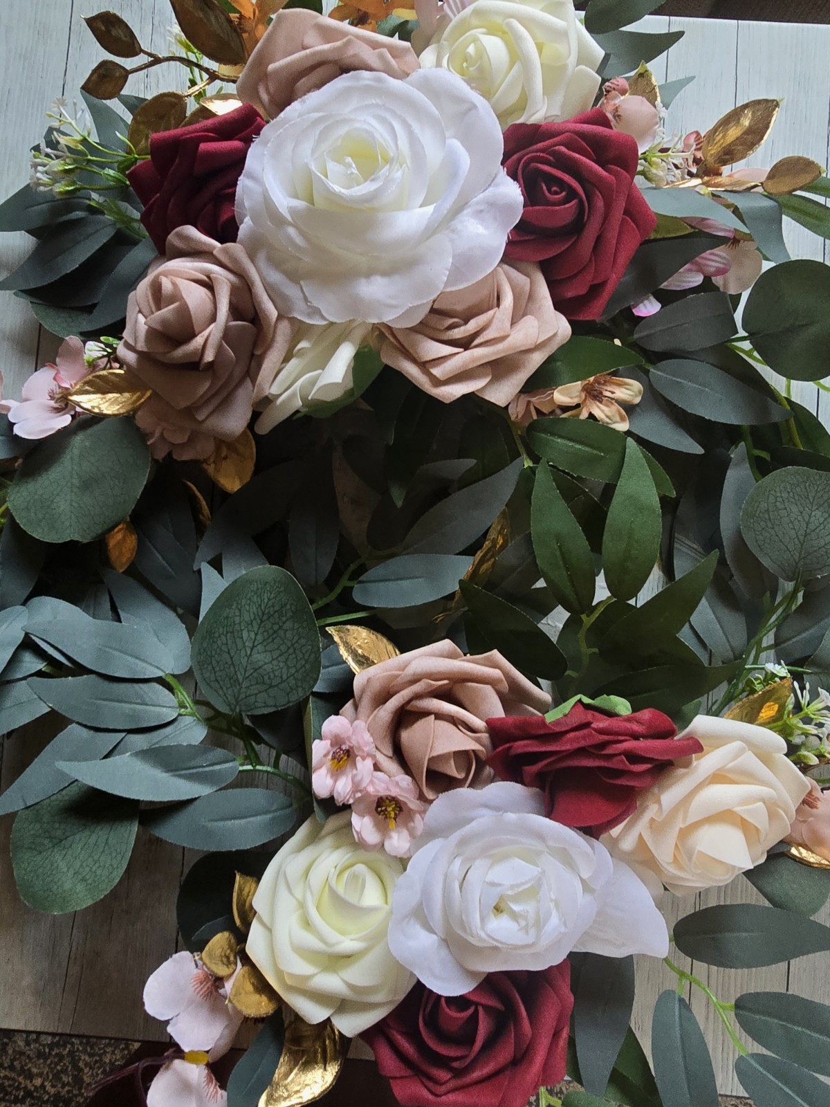 Artificial Rose & Eucalyptus Floral Swag Door Decoration Red White Green Gold