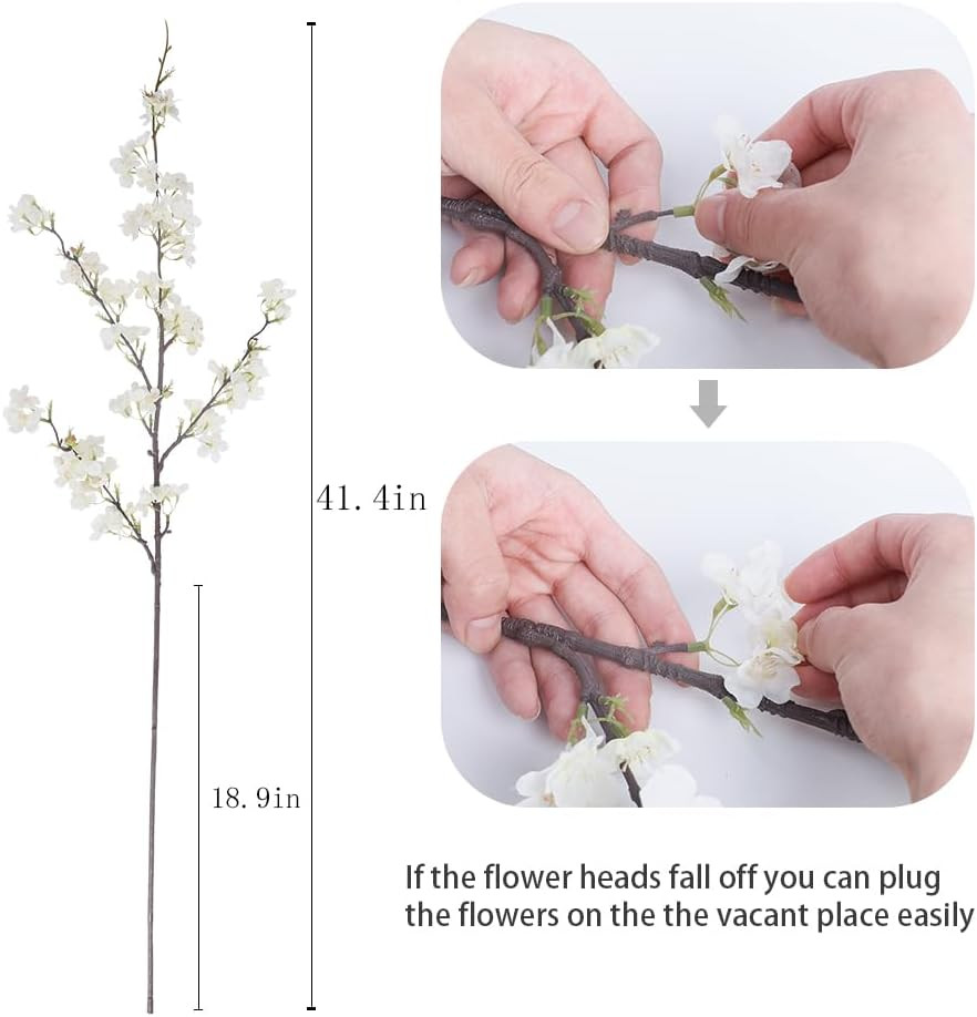4Pcs 41.4″ Artificial Cherry Blossom Branches for Home Wedding Decor – White