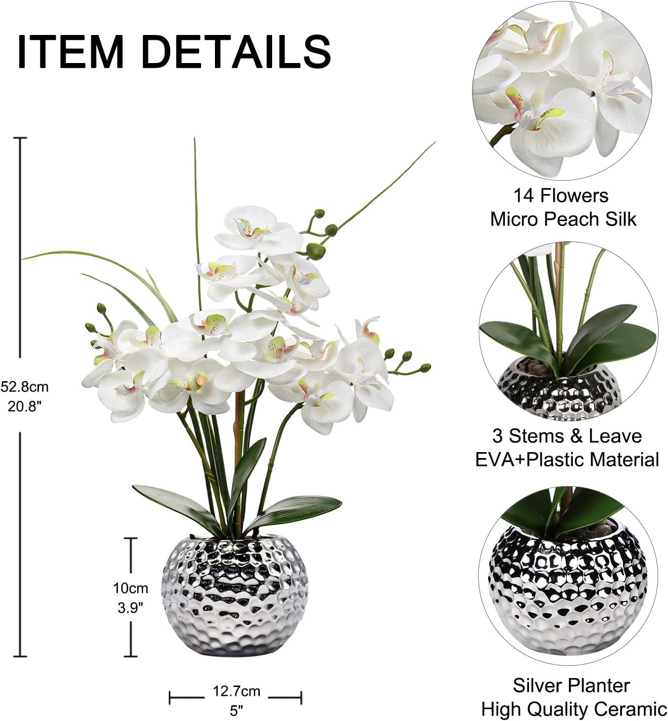 White Phalaenopsis Orchid Artificial Flowers 20.8″ Faux Plant in Silver Pot