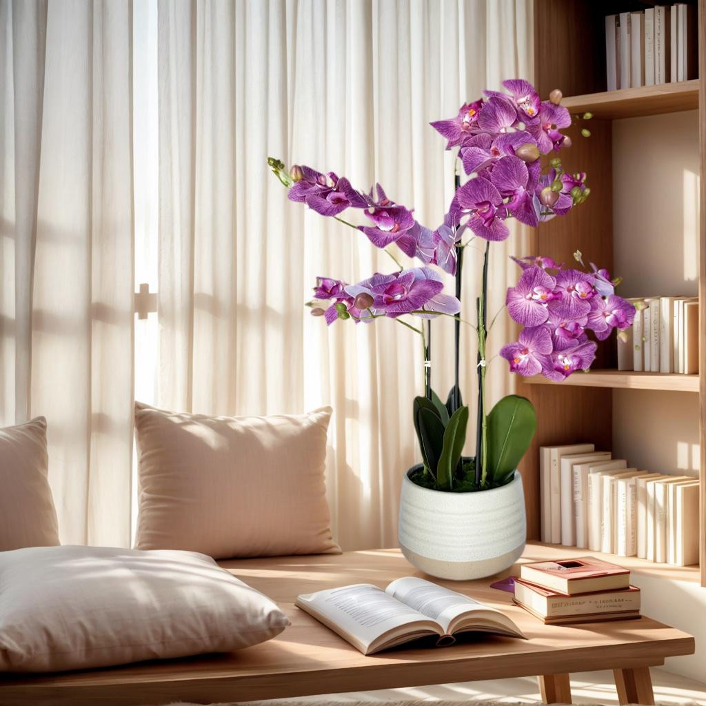 Faux Orchid Flower Arrangement Ceramic Pot Artificial Plant Home Decoration