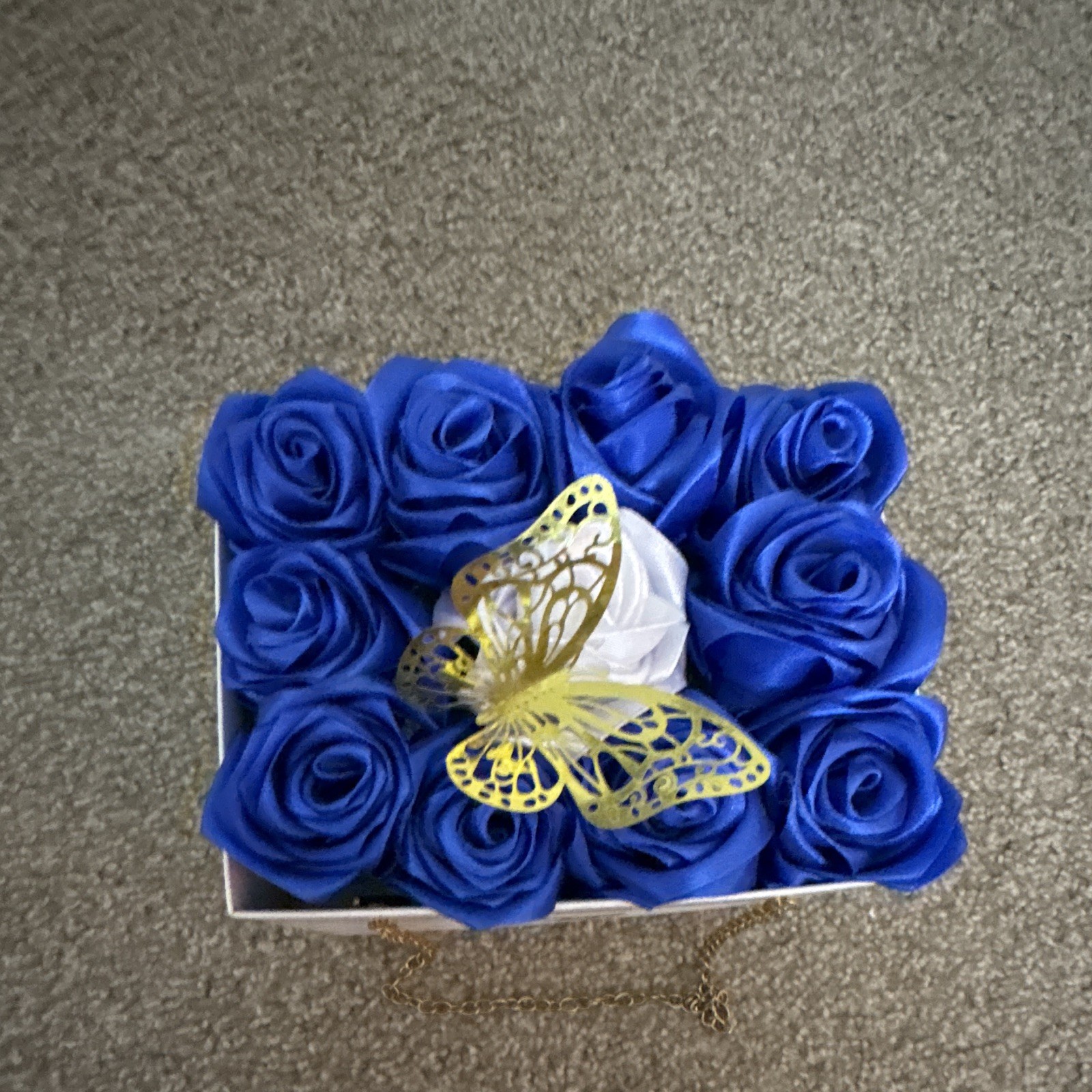 Artificial Blue Rose Flower Box Arrangement, White Quilted Box, Gold Butterfly