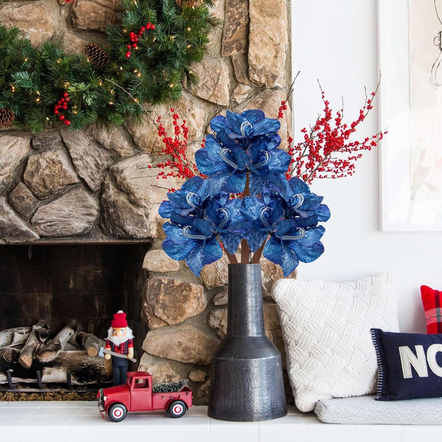 Blue Glitter Amaryllis Stems – 19.7″ Faux Flowers for Christmas Decor