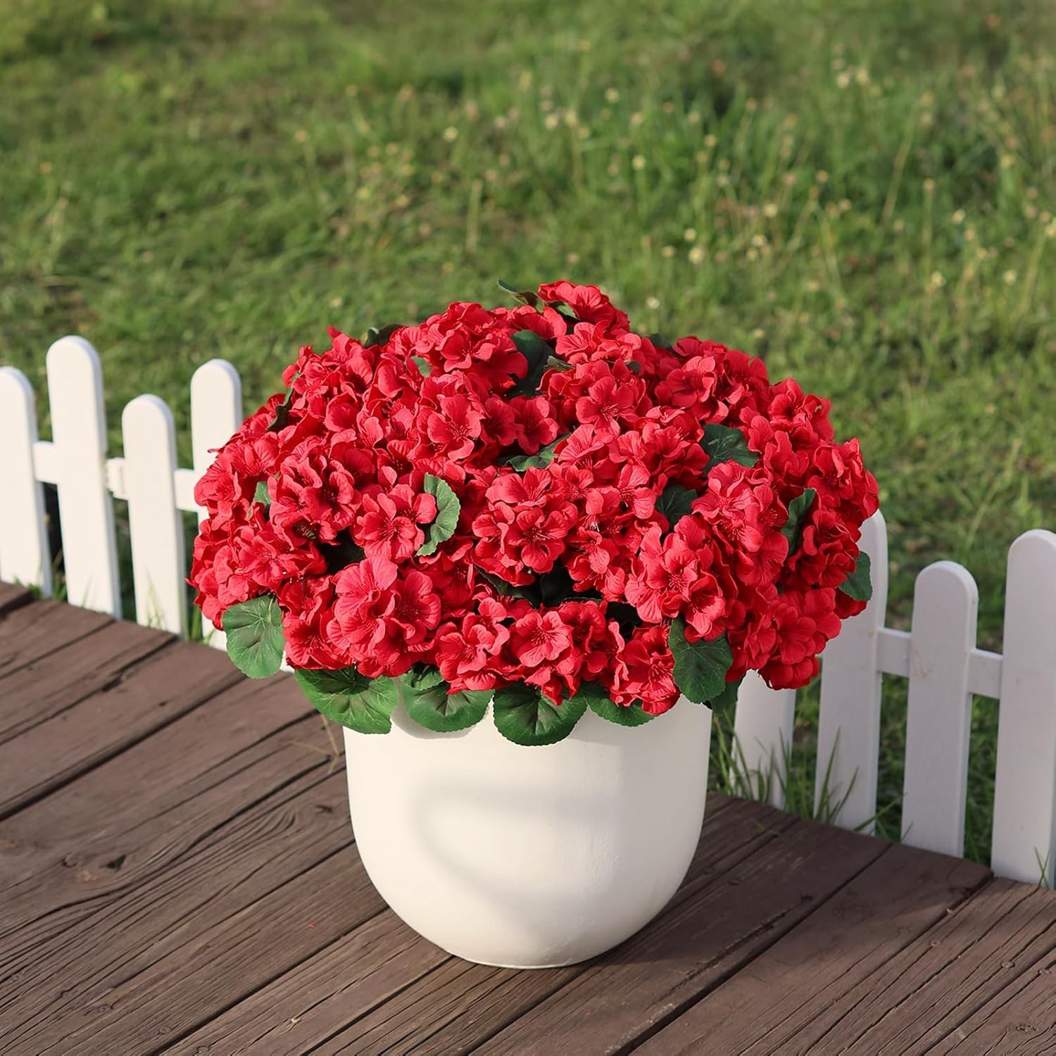 18″ Artificial Geraniums Topiary – 2 Set for Front Porch Decor,Faux Silk Flowers