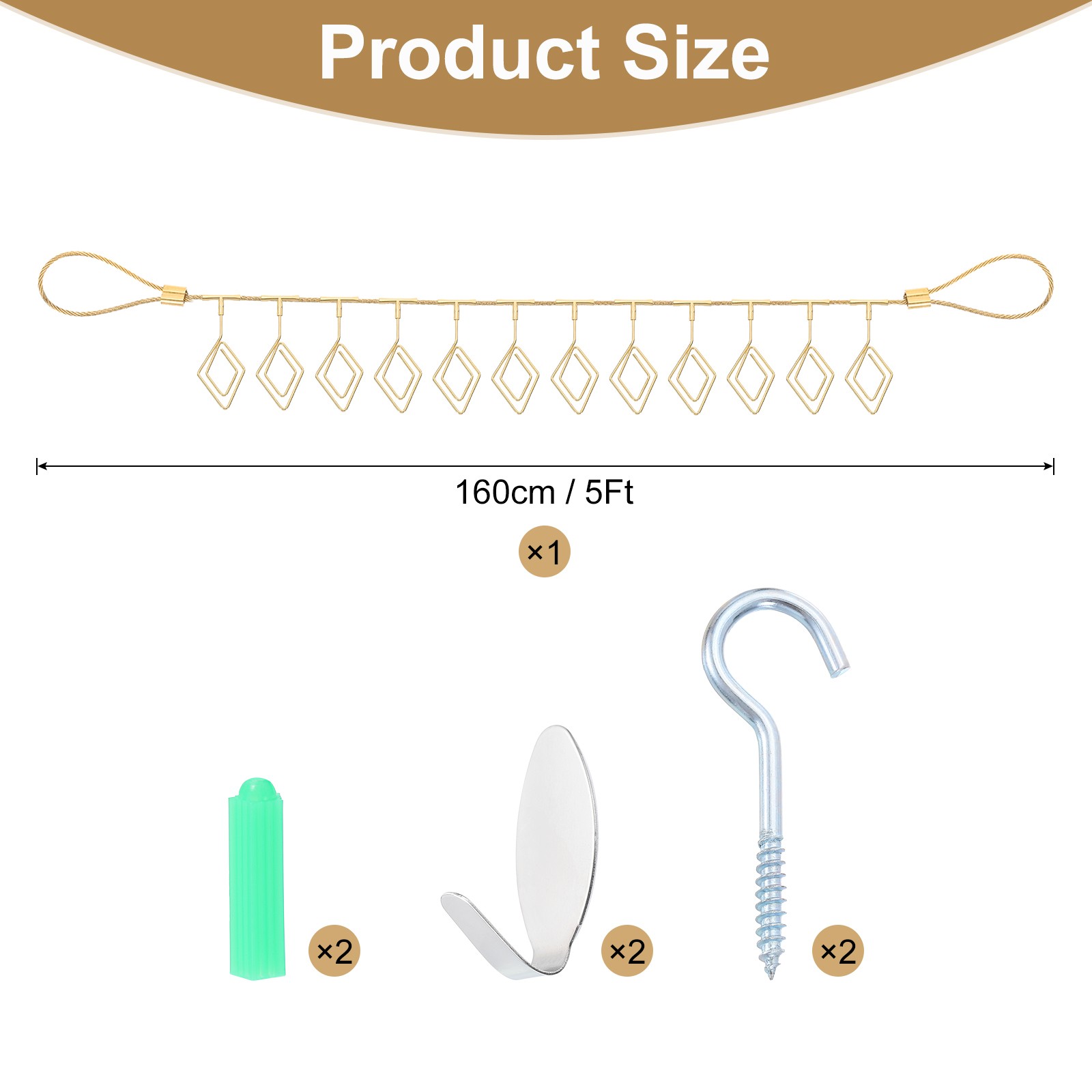 5Ft Wall Hanging Photo Display Cable Wire Rod with 12 Rhombus Clips, Gold