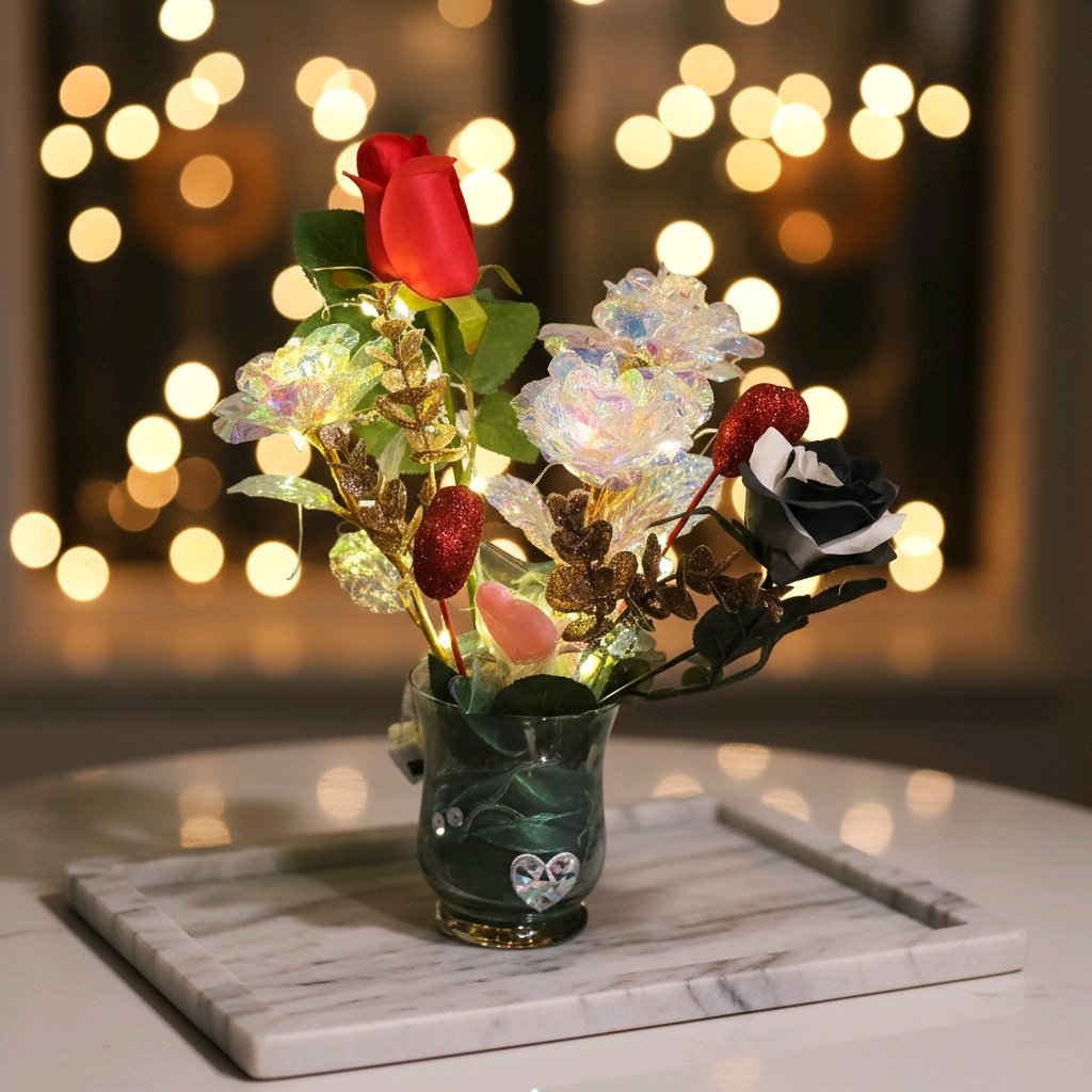 Floral Arrangement With Vase And Lights-New-Hand Crafted