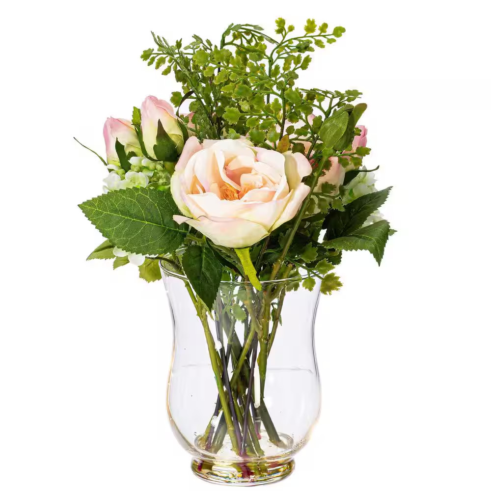 11 In. Pink Artificial Rose Floral Arrangement in Glass Vase