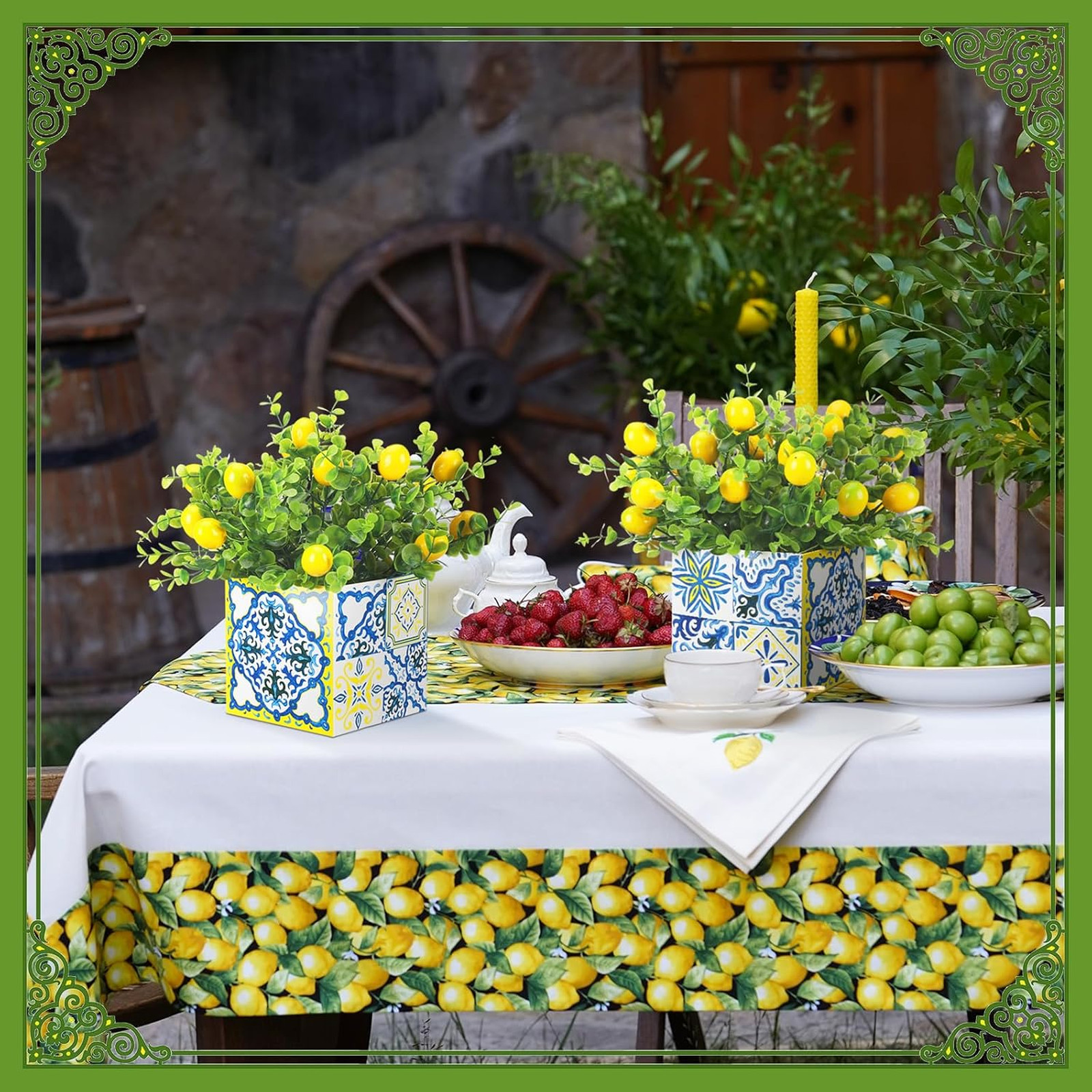 Blue Tiles Lemon Table Centerpiece Decor 8 Sets Artificial Lemon Branches for
